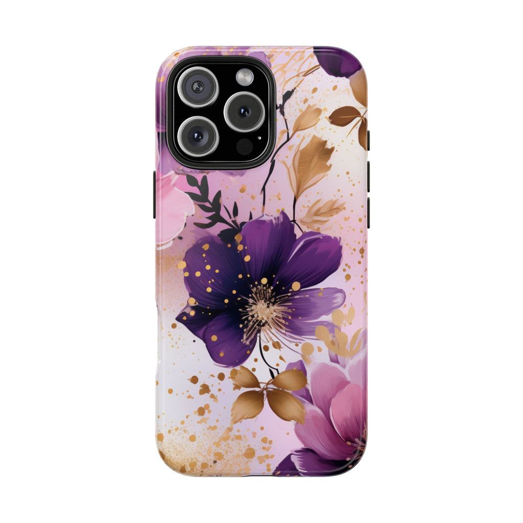 Purple Floral Phone Case for iPhone & Samsung Galaxy | Elegant Pink & Gold Flower Tough Case | Feminine Protective Floral Cover