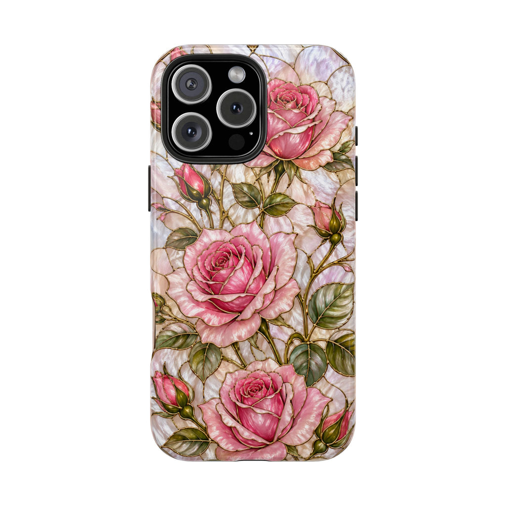 Luxury Pink Roses Stained Glass Phone Case | Pearly Floral Design with Gold Details | iPhone & Samsung Protective Case | Pink Floral Protective Cover