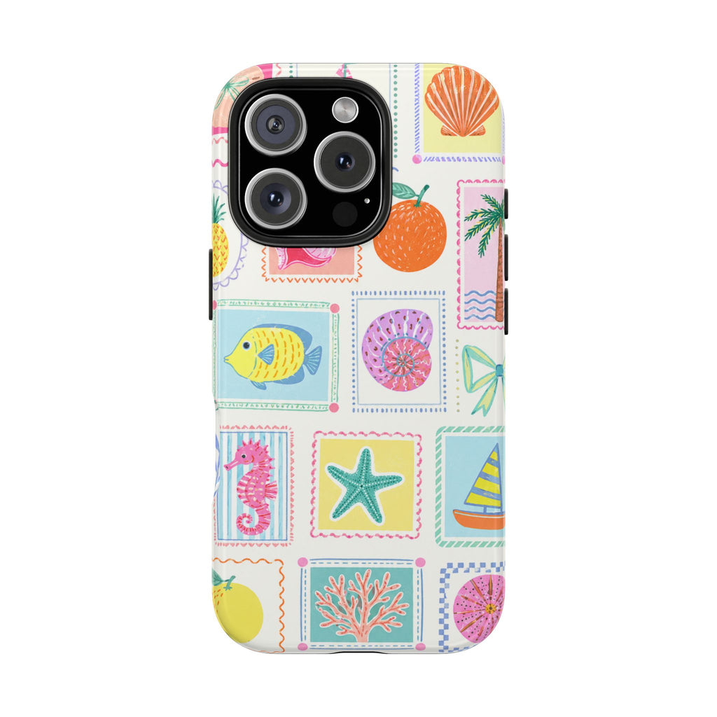 Coastal Postcard Phone Case | Cute Beach Summer Aesthetic Case for iPhone & Samsung | Tropical Stamp Collage Cover Pastel Seashell & Nautical Stamp | Beach Summer Phone Cover
