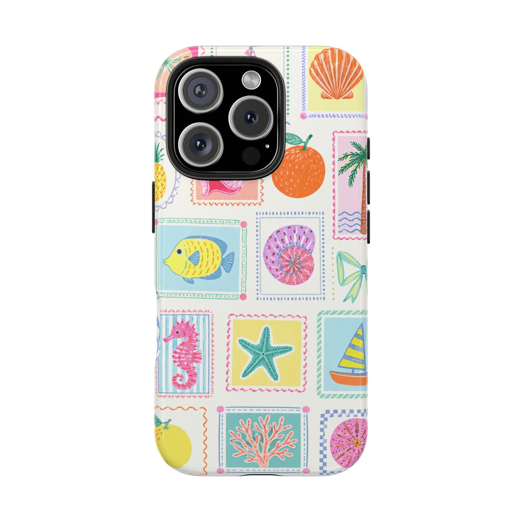 Coastal Postcard Phone Case | Cute Beach Summer Aesthetic Case for iPhone & Samsung | Tropical Stamp Collage Cover Pastel Seashell & Nautical Stamp | Beach Summer Phone Cover