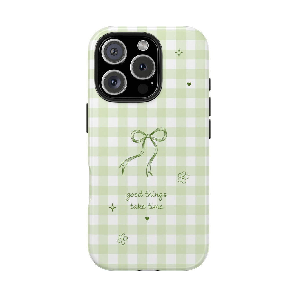 Sage Green Gingham Bow Phone Case | Cute Coquette Aesthetic iPhone & Samsung Galaxy Case | Protective Cover | Cute Bow Aesthetic Tough Case