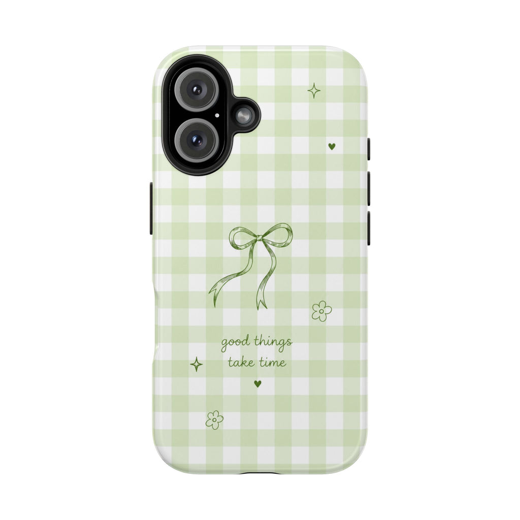 Sage Green Gingham Bow Phone Case | Cute Coquette Aesthetic iPhone & Samsung Galaxy Case | Protective Cover | Cute Bow Aesthetic Tough Case