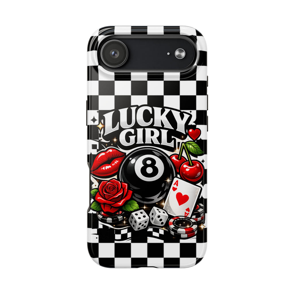 Lucky Girl 8 Ball Phone Case | Black & White Checkerboard Aesthetic | Casino Chic, Cherry & Rose | Glossy Tough Case for iPhone & Samsung
