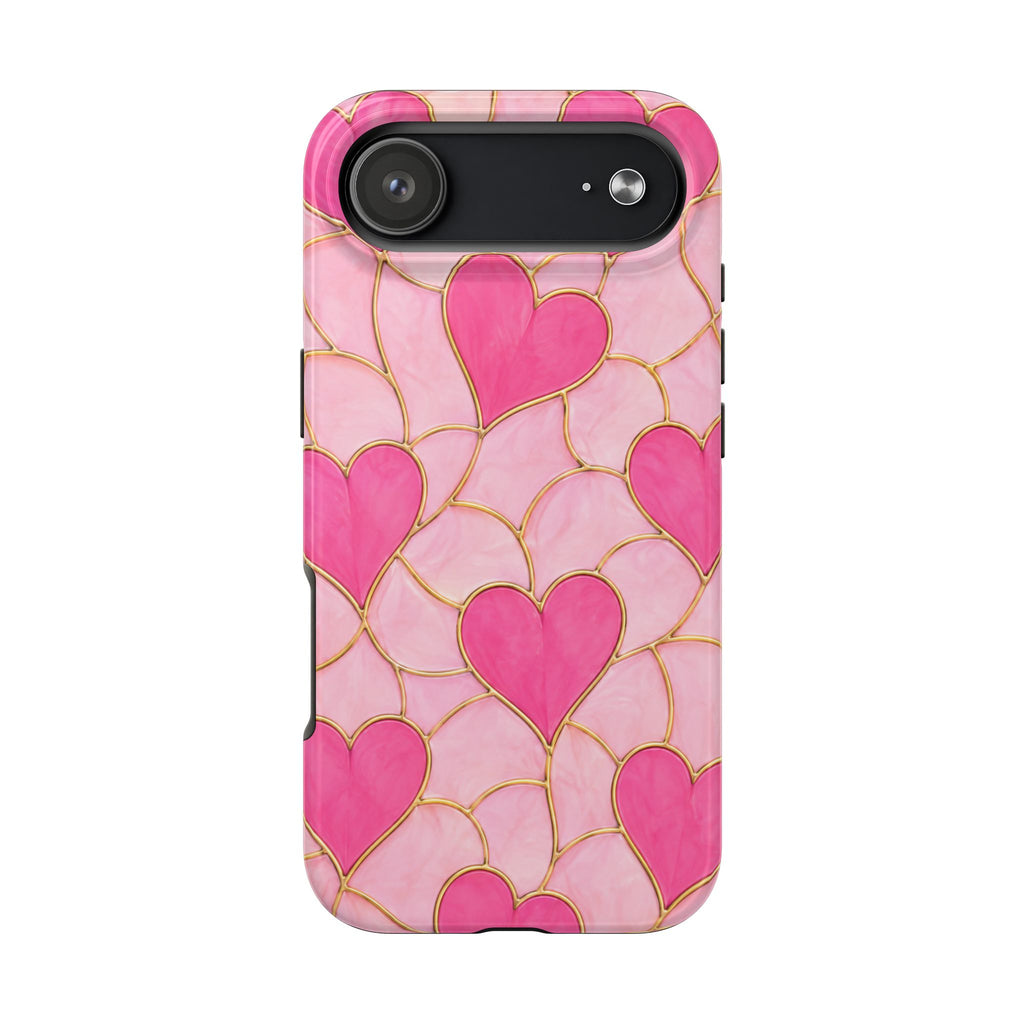 Pink Heart Faux Stained Glass Phone Case | Cute Valentine’s Day iPhone & Samsung Case | Girly Pink Hearts Aesthetic Protective Cover