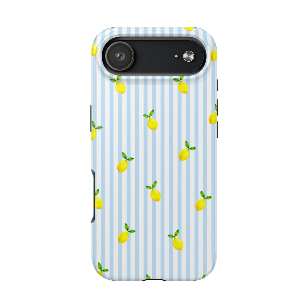 Lemon Blue Stripe Phone Case | Cute Summer Citrus iPhone & Samsung Case | Aesthetic Coastal Protective Cover | Gift for Her