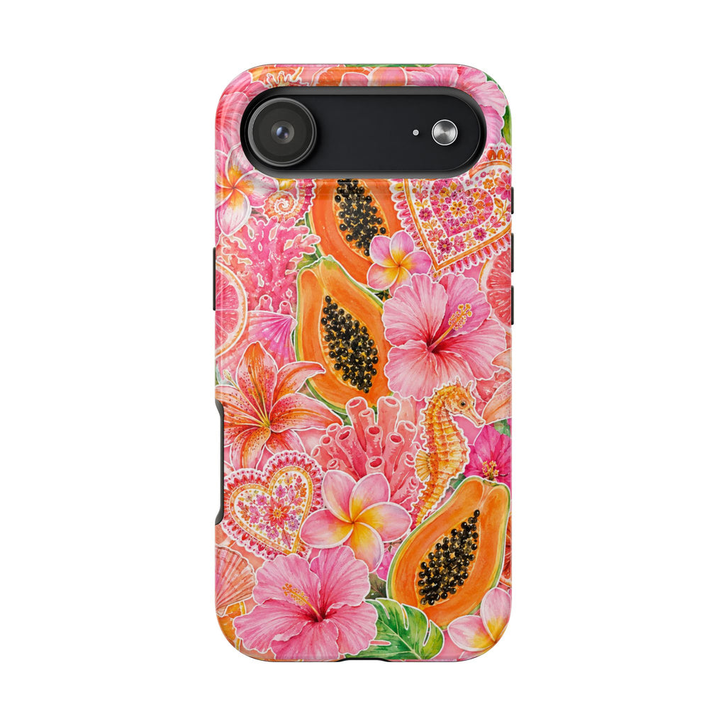 Tropical Hibiscus Papaya Phone Case | Pink Floral Beach Aesthetic Tough Case for iPhone & Samsung