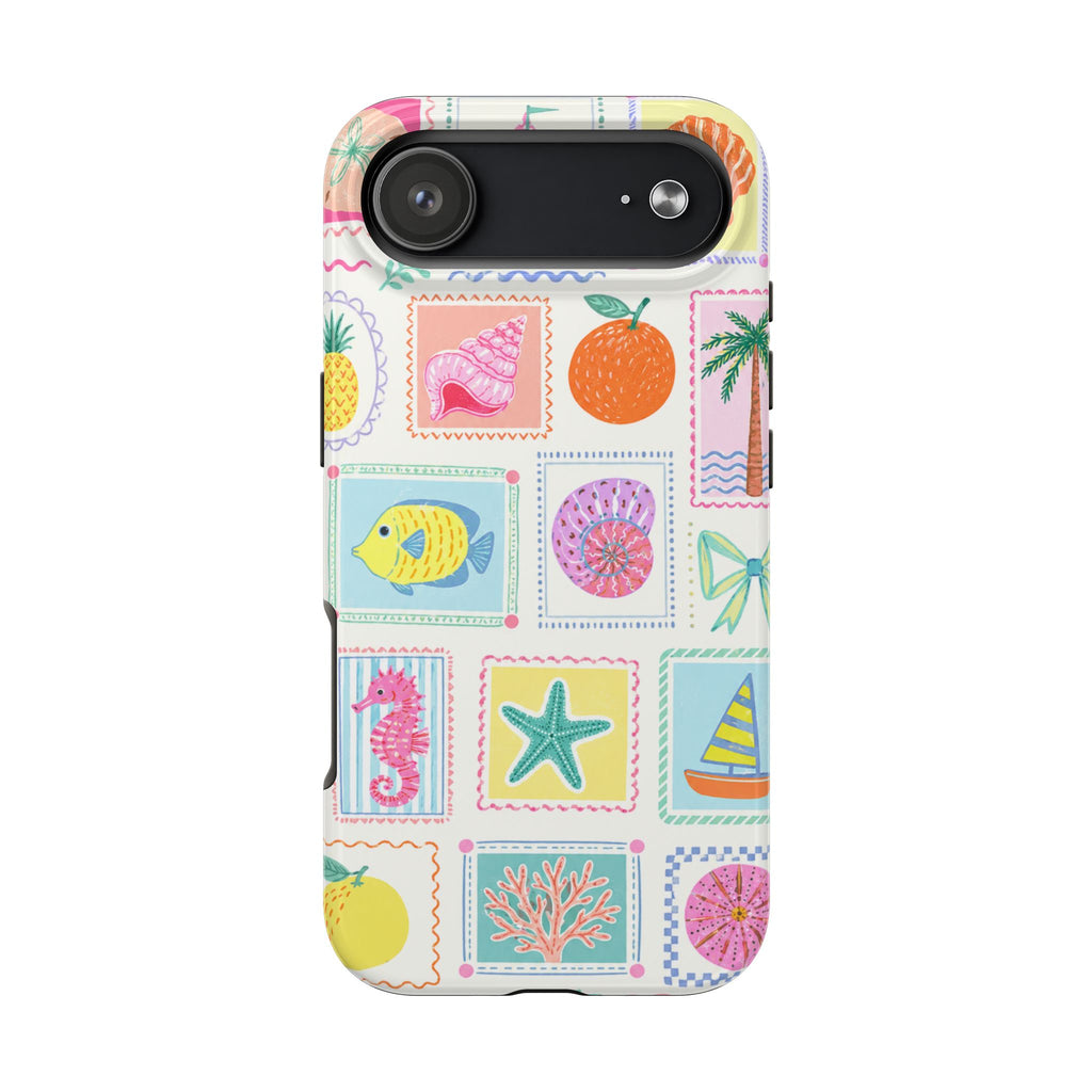 Coastal Postcard Phone Case | Cute Beach Summer Aesthetic Case for iPhone & Samsung | Tropical Stamp Collage Cover Pastel Seashell & Nautical Stamp | Beach Summer Phone Cover