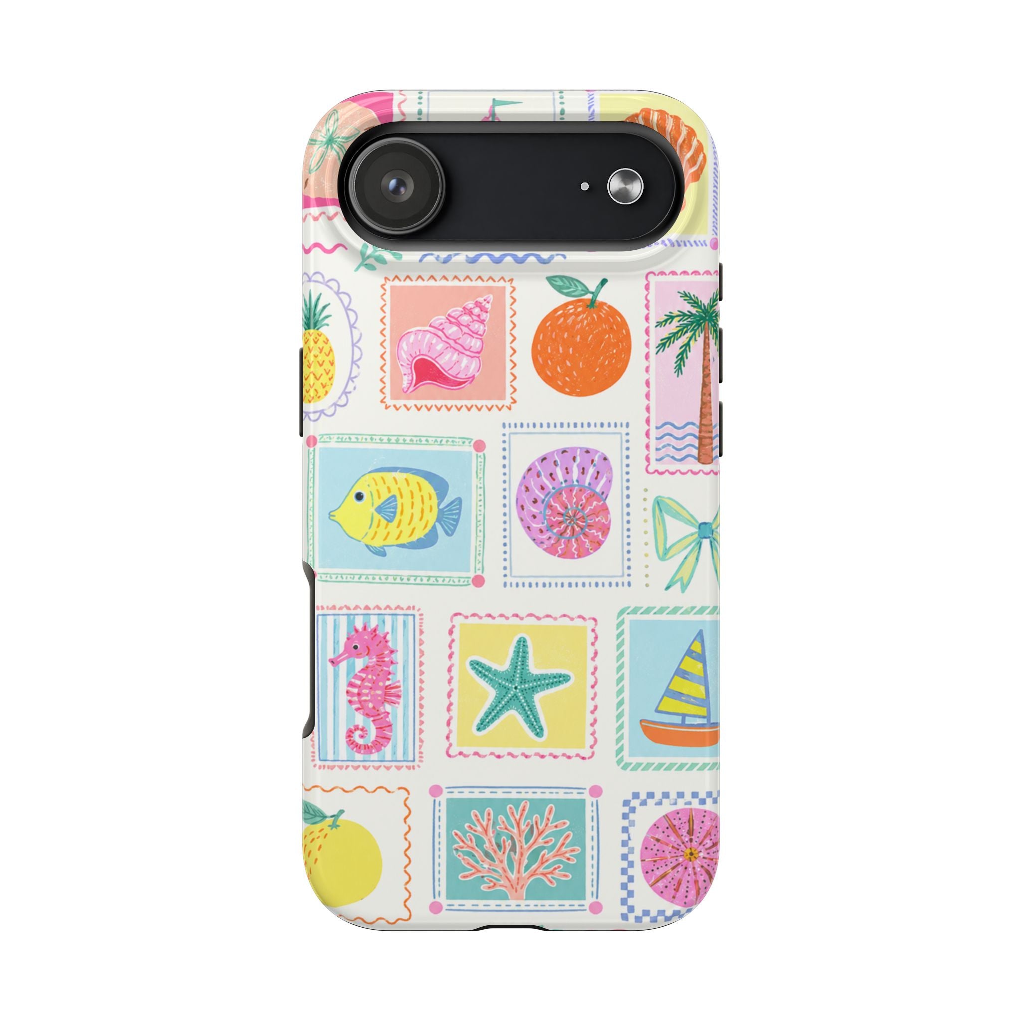 Coastal Postcard Phone Case | Cute Beach Summer Aesthetic Case for iPhone & Samsung | Tropical Stamp Collage Cover Pastel Seashell & Nautical Stamp | Beach Summer Phone Cover