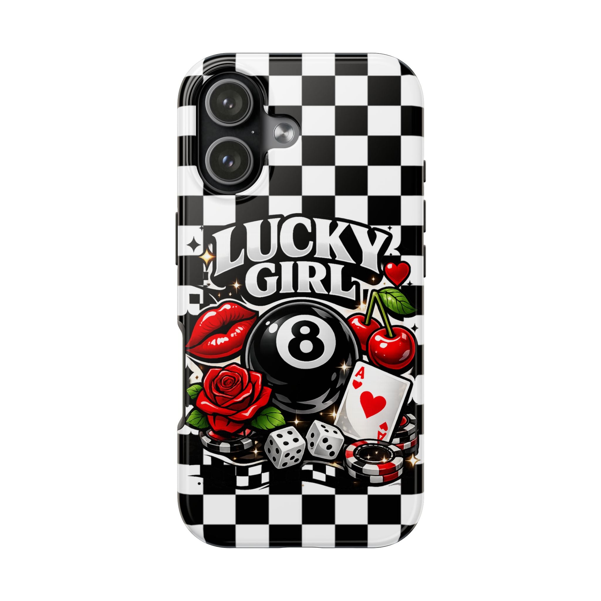 Lucky Girl 8 Ball Phone Case | Black & White Checkerboard Aesthetic | Casino Chic, Cherry & Rose | Glossy Tough Case for iPhone & Samsung