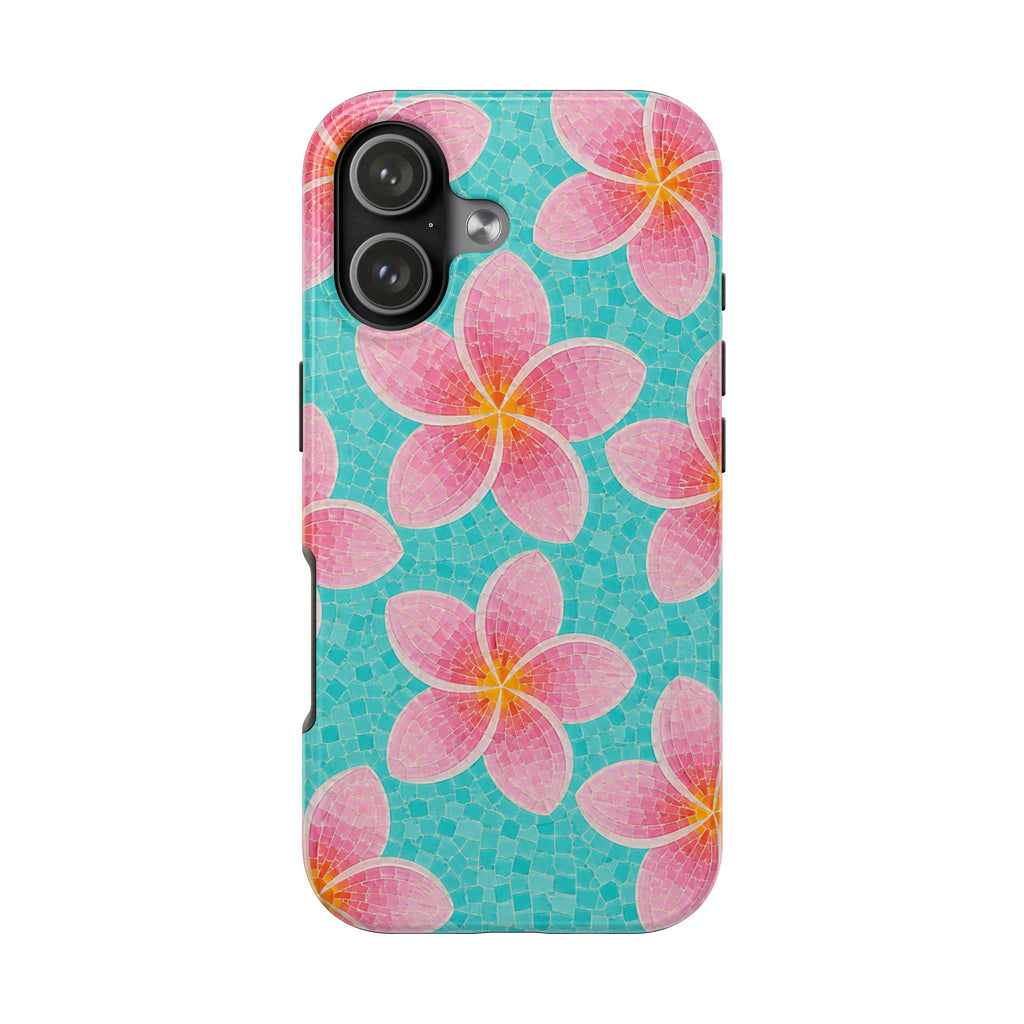 Pink Plumeria Faux Mosaic Phone Case | Tropical Floral Aqua iPhone & Samsung Galaxy Case | Beachy Summer Protective Cover