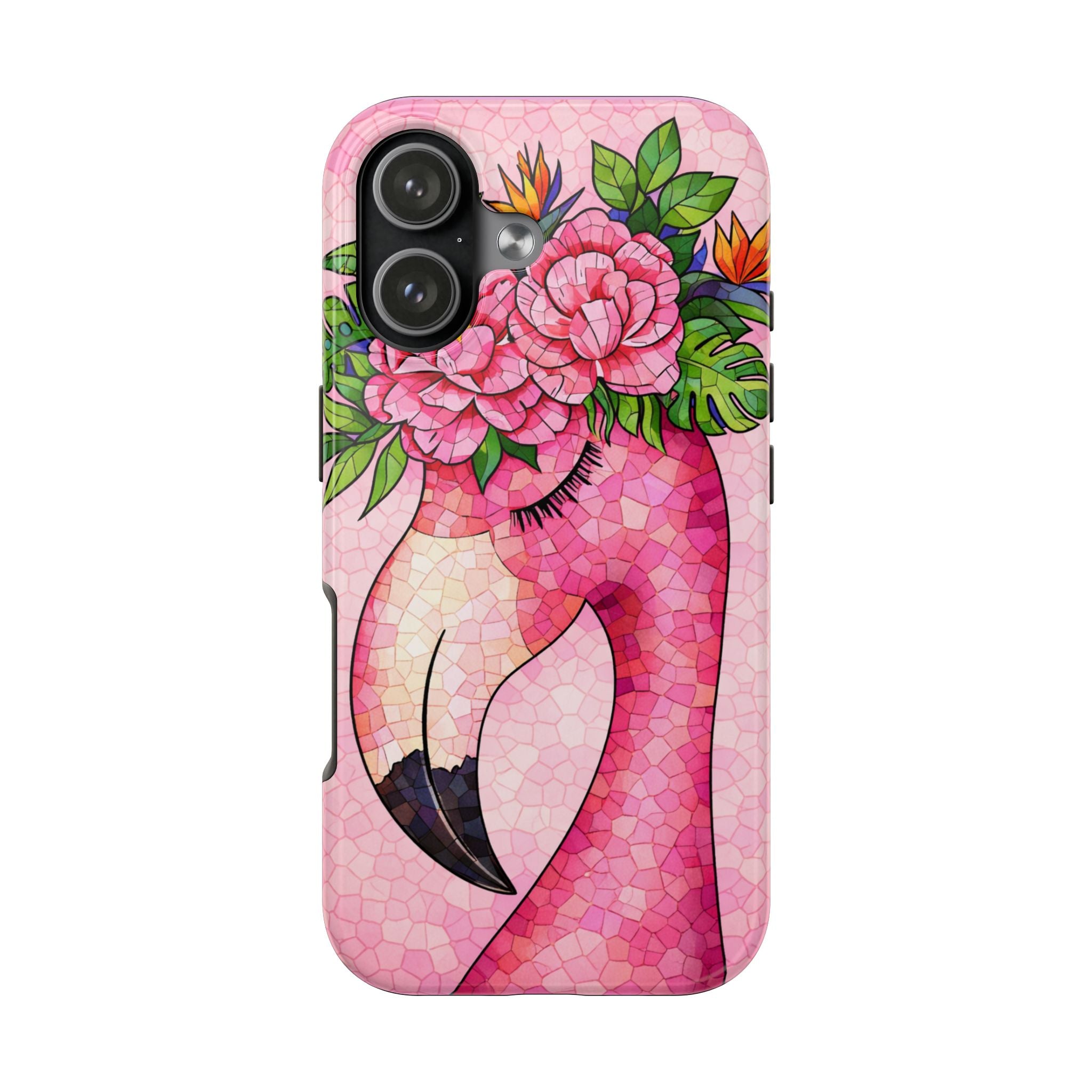 Pink Flamingo Mosaic Phone Case | Tropical Miami Vibes Floral Tough Case for iPhone | Pink Floral Tough Phone Case | Durable Mosaic iPhone Case