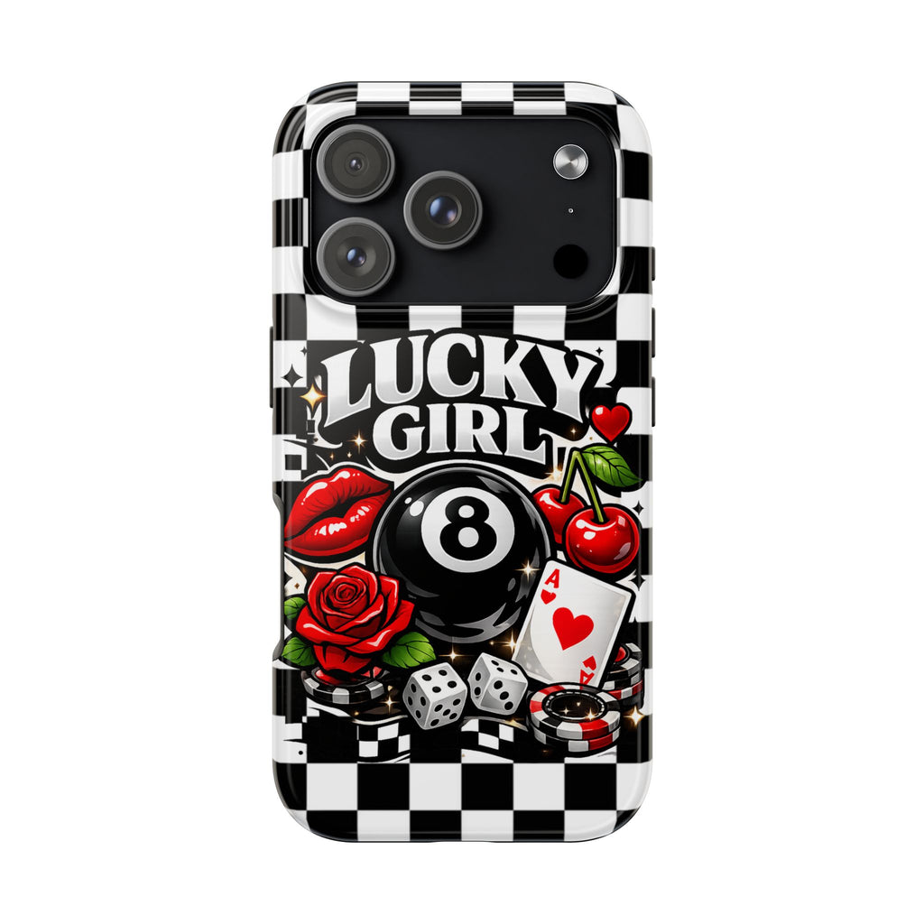 Lucky Girl 8 Ball Phone Case | Black & White Checkerboard Aesthetic | Casino Chic, Cherry & Rose | Glossy Tough Case for iPhone & Samsung