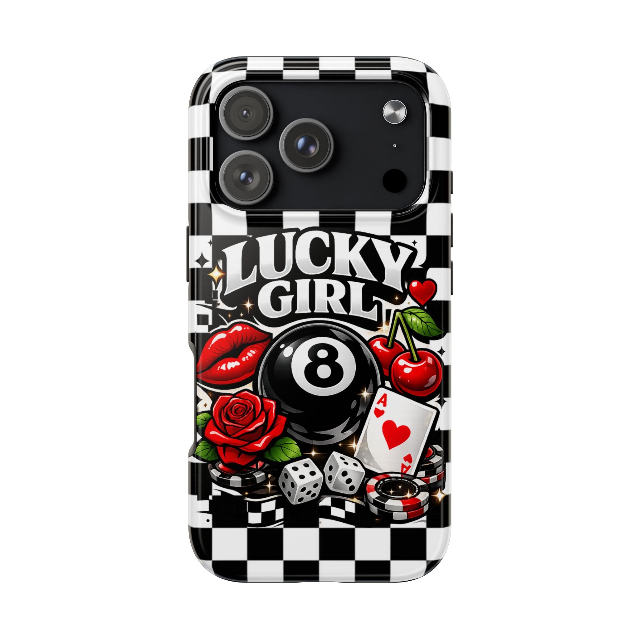 Lucky Girl 8 Ball Phone Case | Black & White Checkerboard Aesthetic | Casino Chic, Cherry & Rose | Glossy Tough Case for iPhone & Samsung