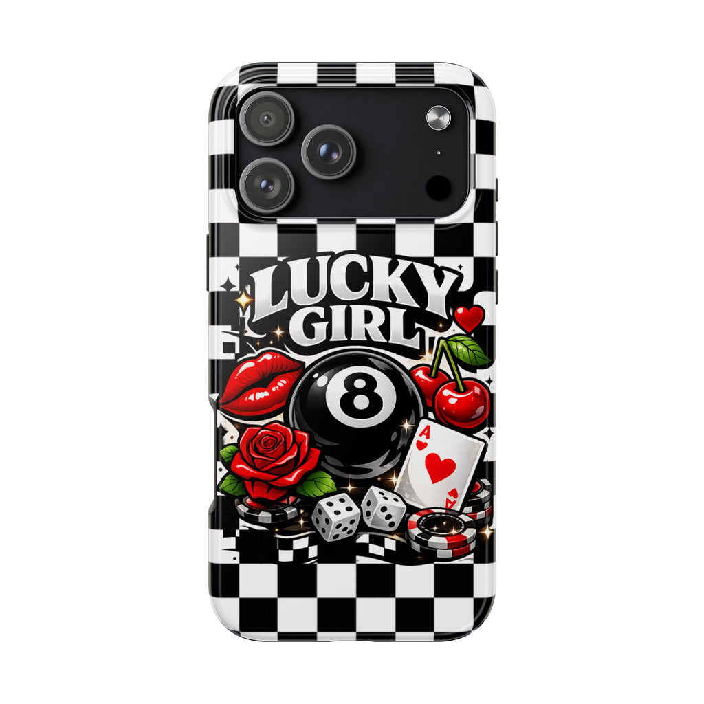 Lucky Girl 8 Ball Phone Case | Black & White Checkerboard Aesthetic | Casino Chic, Cherry & Rose | Glossy Tough Case for iPhone & Samsung