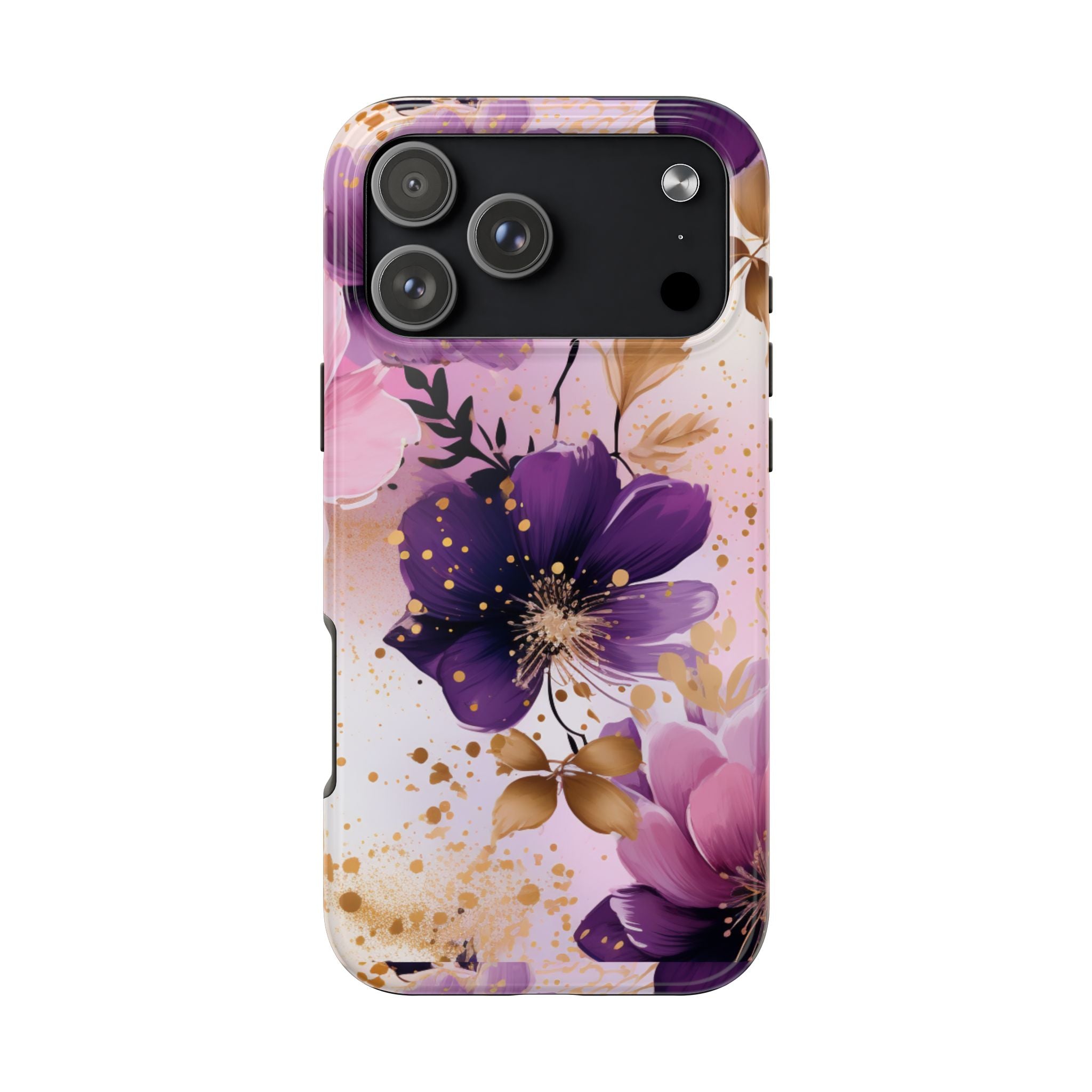 Purple Floral Phone Case for iPhone & Samsung Galaxy | Elegant Pink & Gold Flower Tough Case | Feminine Protective Floral Cover