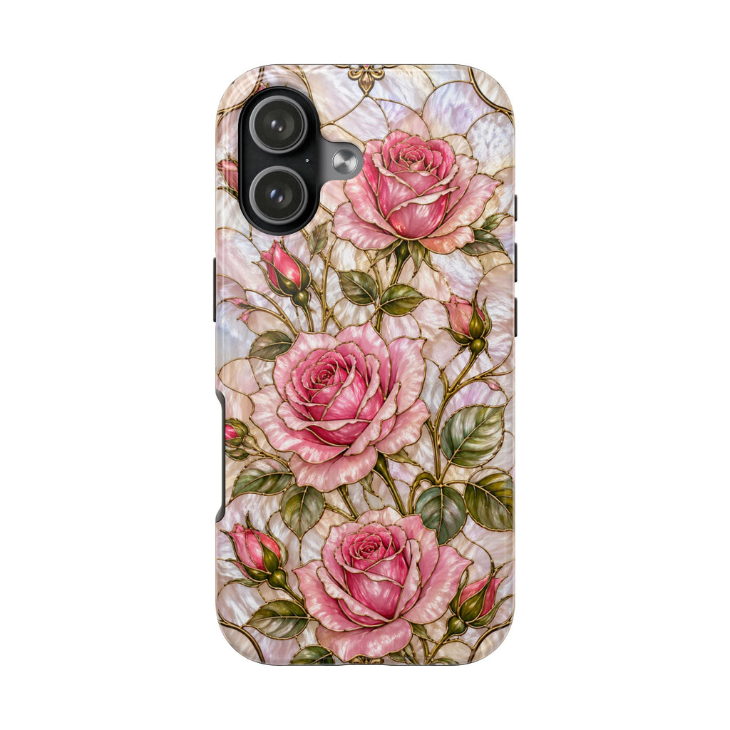 Luxury Pink Roses Stained Glass Phone Case | Pearly Floral Design with Gold Details | iPhone & Samsung Protective Case | Pink Floral Protective Cover