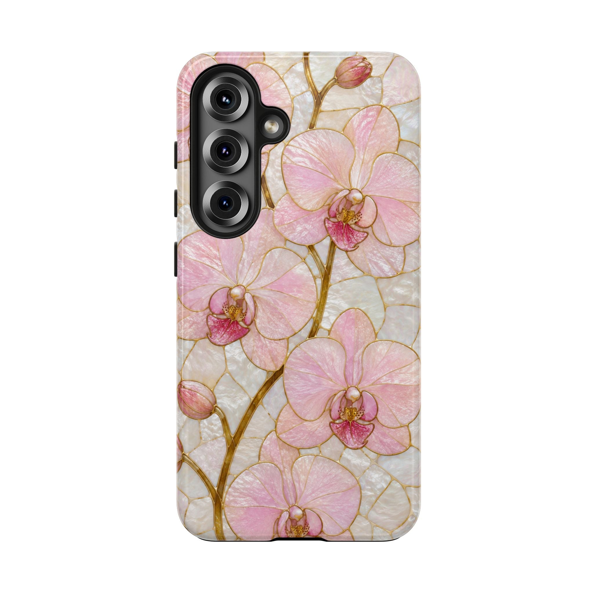 Pink Orchid Stained Glass Tough Phone Case |  Floral Glossy Protective Cover for iPhone & Samsung Galaxy | Tough Phone Case | Floral Protective iPhone Cover