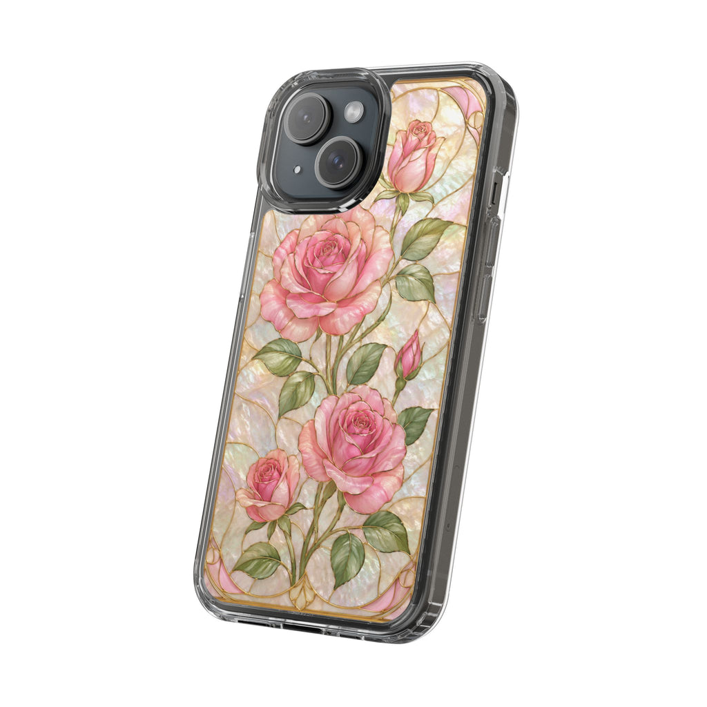 Pink Rose Stained Glass Clear Phone Case | Floral iPhone Case | Elegant Coquette Protective Cover | Gift for Her