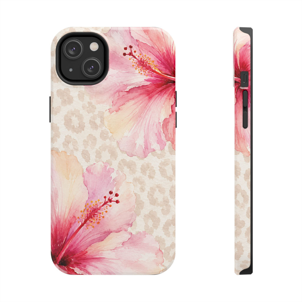 Pink Hibiscus Floral Phone Case | Beige Leopard Print Watercolor Case | Tropical Chic iPhone & Samsung Galaxy Cover