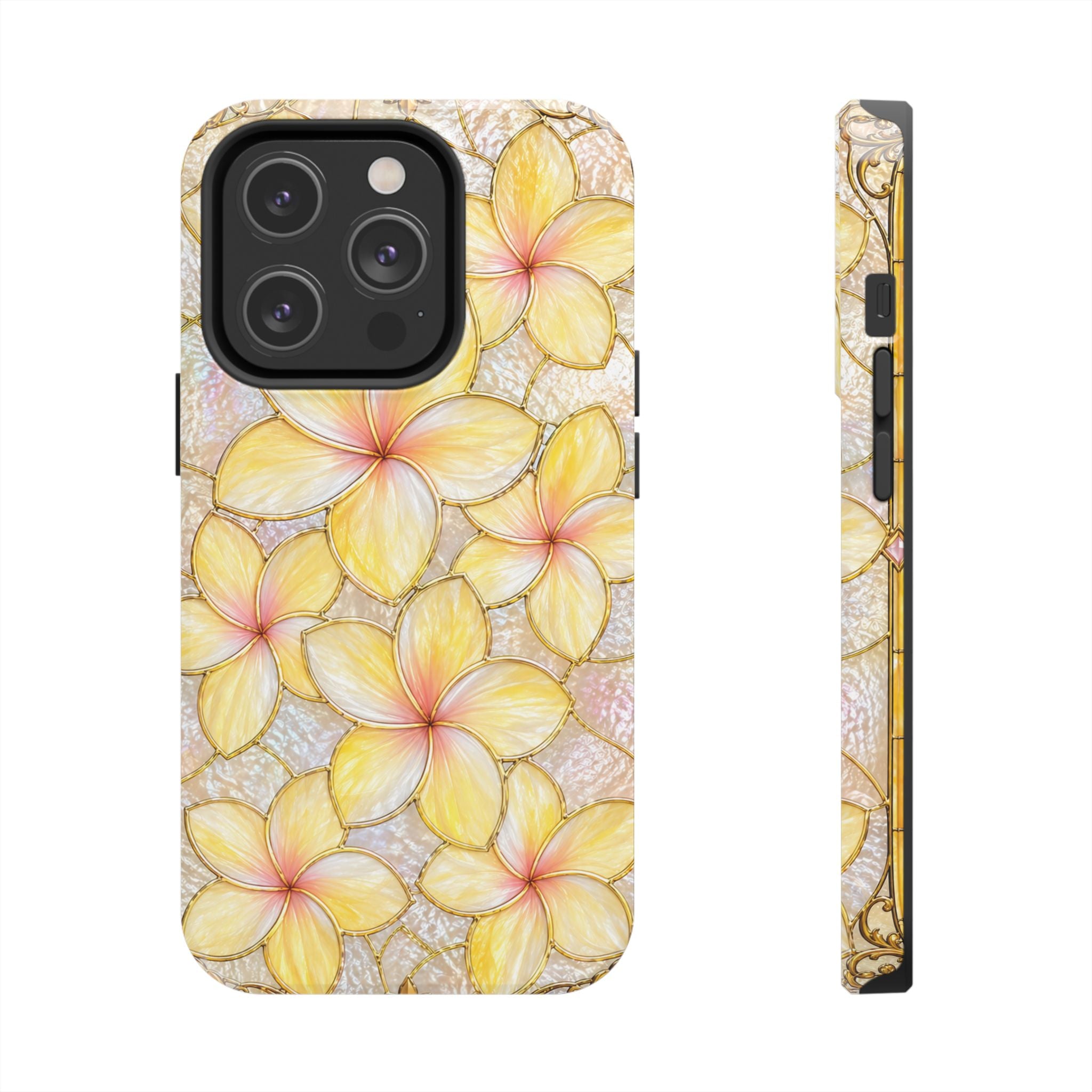 Luxury Plumeria Phone Case | Yellow & Pink Stained Glass Samsung Cover | Glossy Protective Case for iPhone & Samsung | Tough Phone Case | Tropical Floral Protective Cover