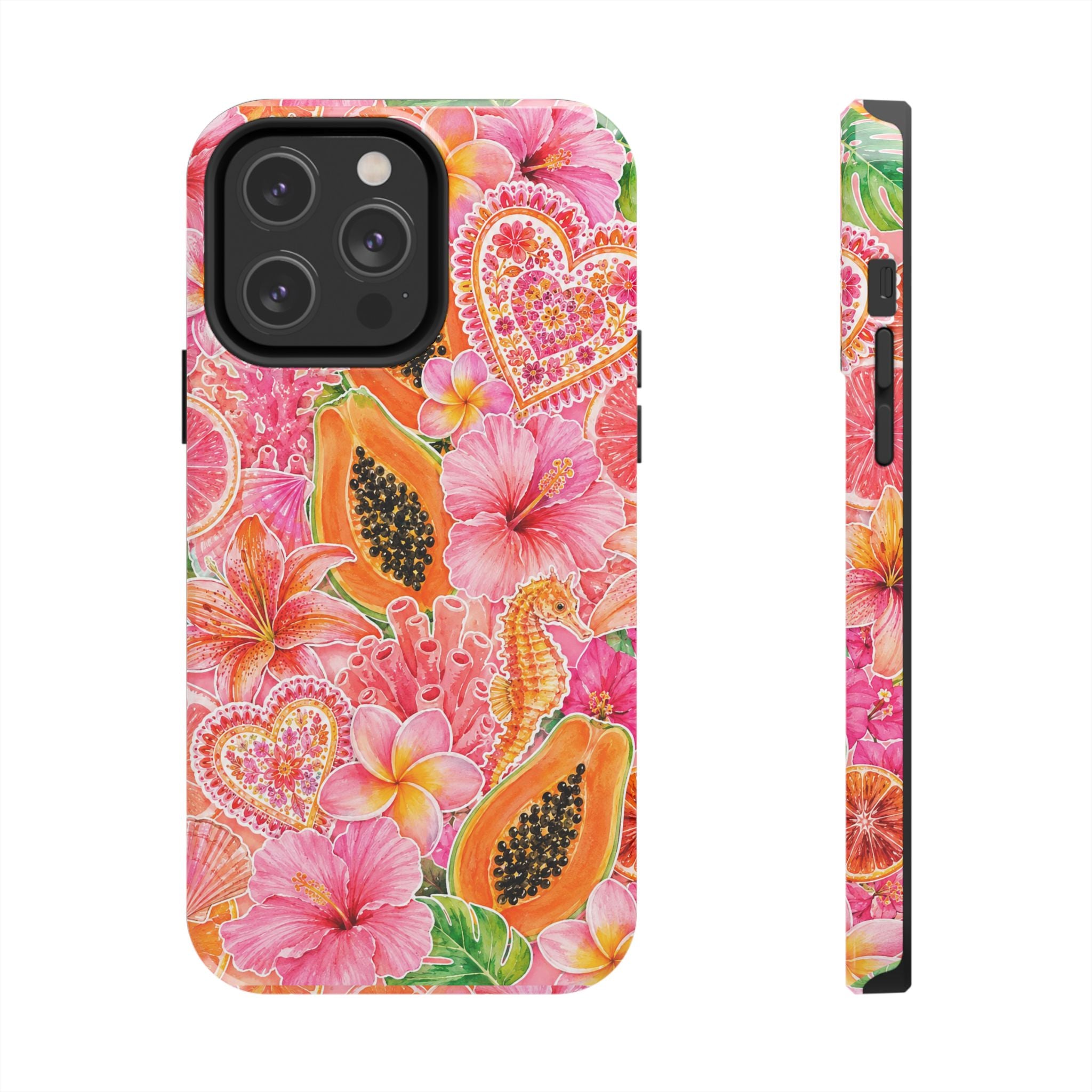 Tropical Hibiscus Papaya Phone Case | Pink Floral Beach Aesthetic Tough Case for iPhone & Samsung