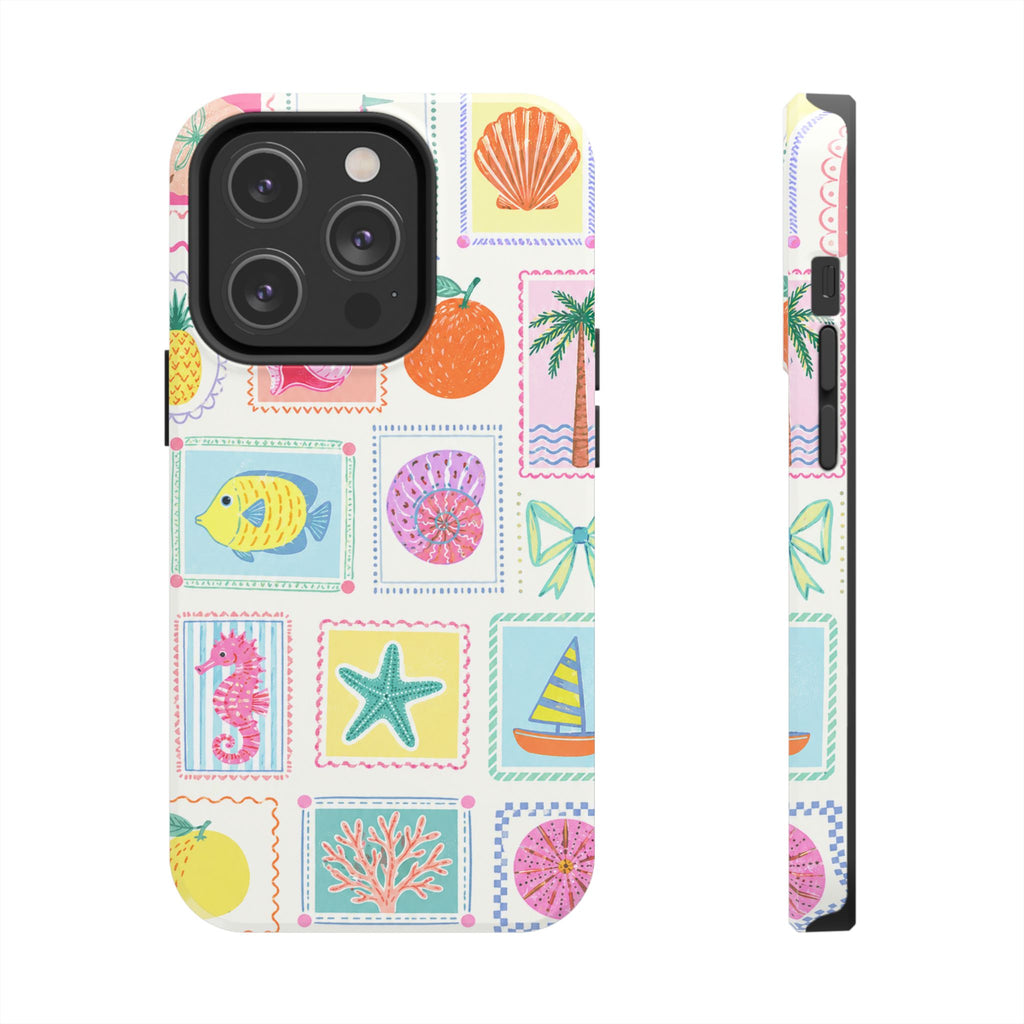 Coastal Postcard Phone Case | Cute Beach Summer Aesthetic Case for iPhone & Samsung | Tropical Stamp Collage Cover Pastel Seashell & Nautical Stamp | Beach Summer Phone Cover
