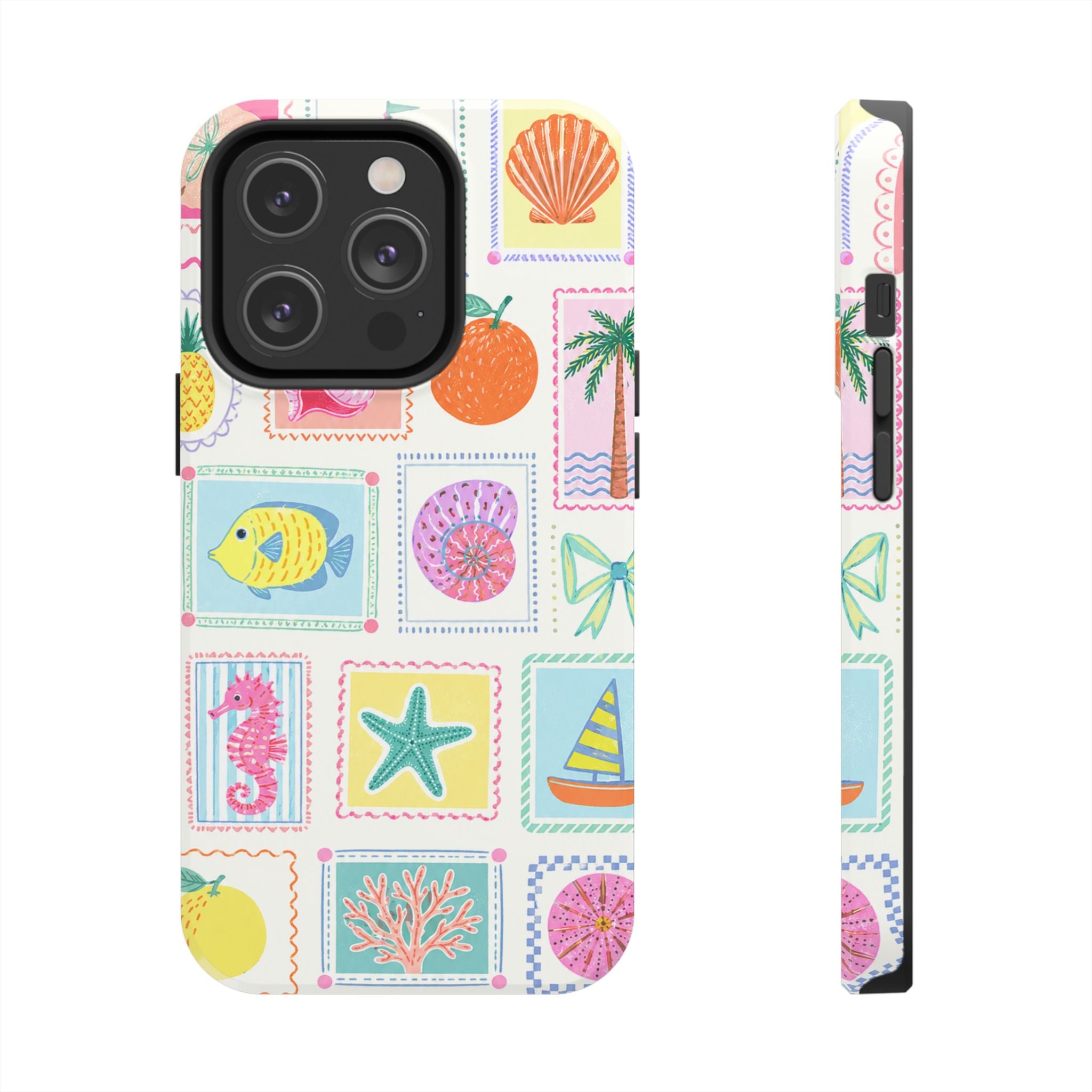 Coastal Postcard Phone Case | Cute Beach Summer Aesthetic Case for iPhone & Samsung | Tropical Stamp Collage Cover Pastel Seashell & Nautical Stamp | Beach Summer Phone Cover