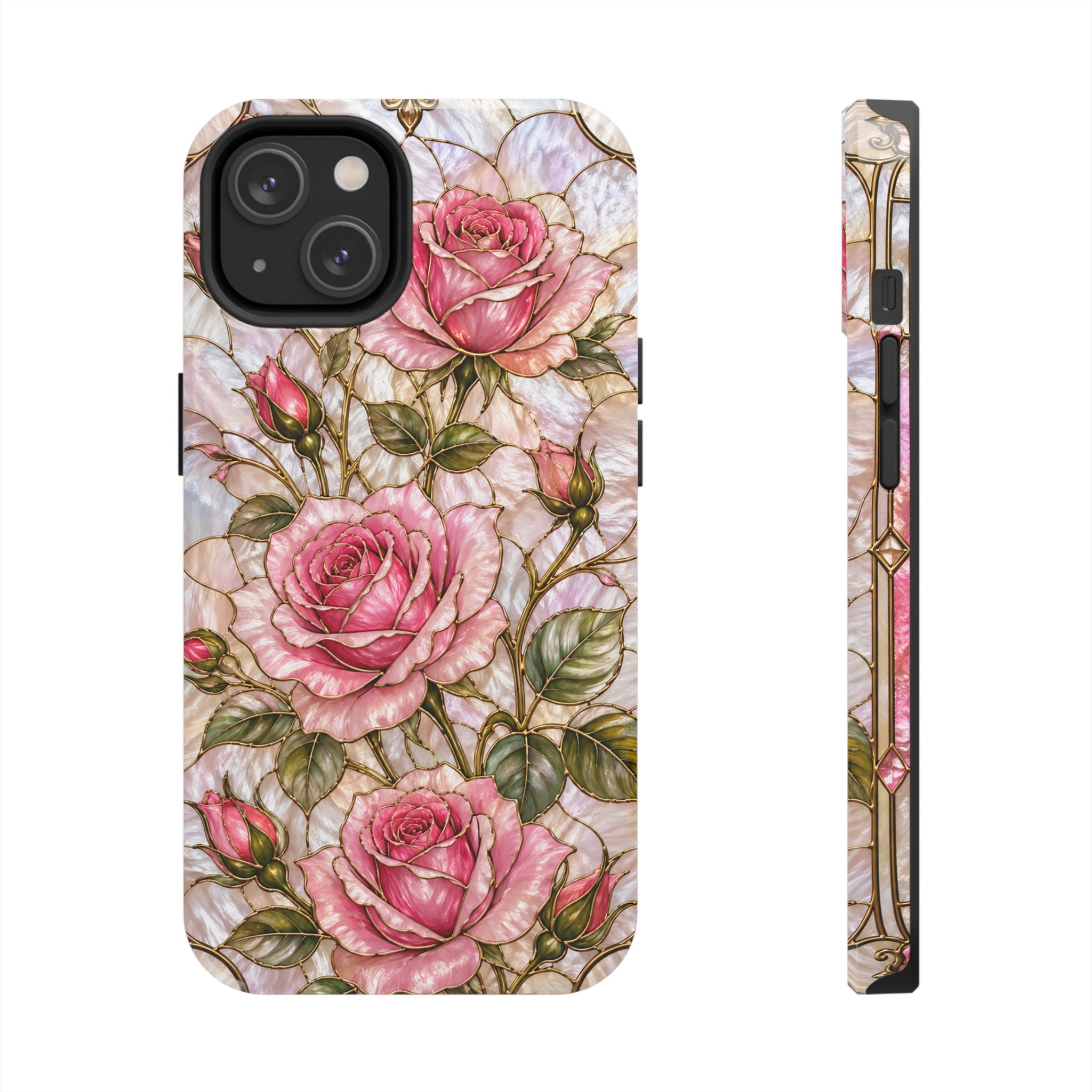 Luxury Pink Roses Stained Glass Phone Case | Pearly Floral Design with Gold Details | iPhone & Samsung Protective Case | Pink Floral Protective Cover