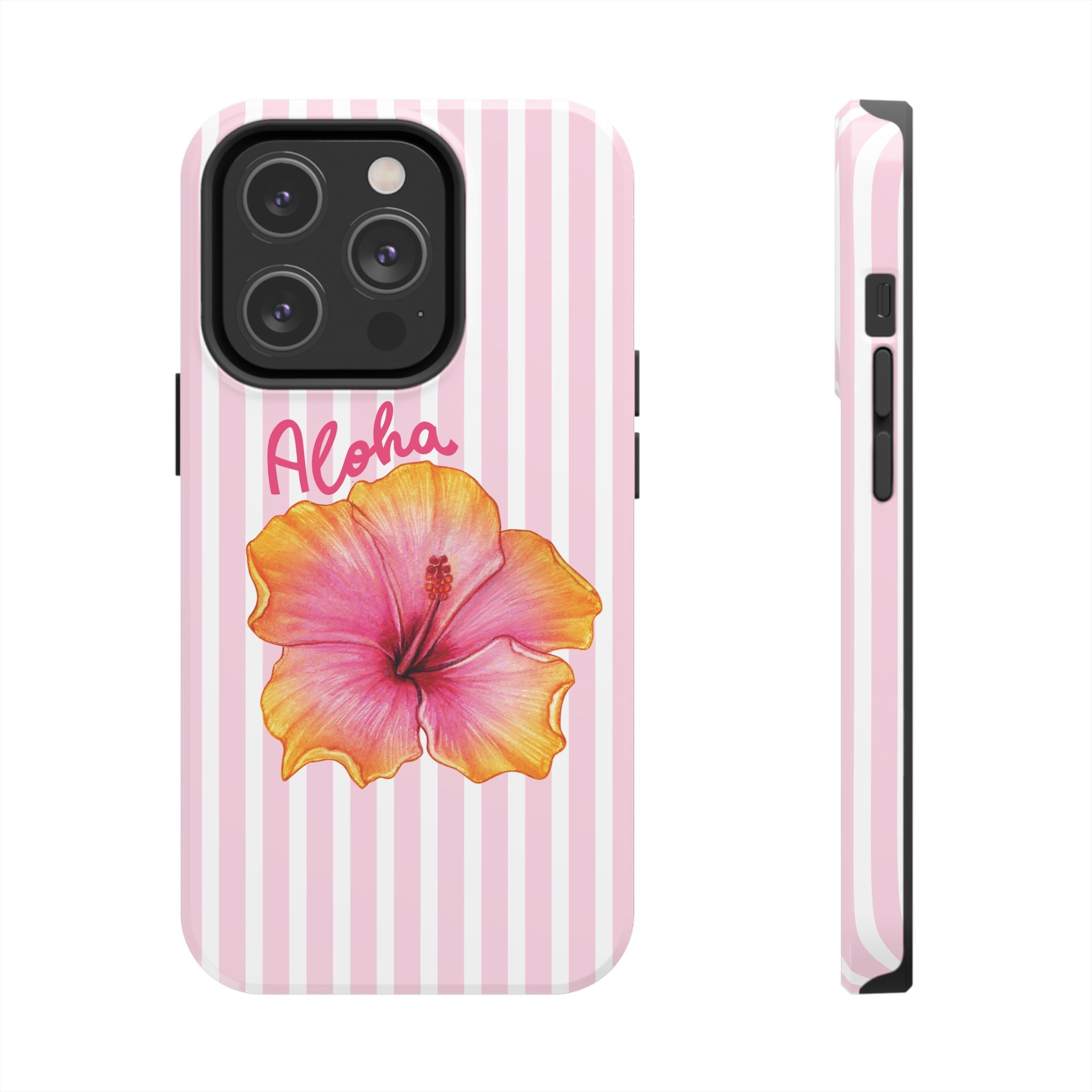 Aloha Hibiscus iPhone Case | Cute Tropical Floral Phone Case | Pink Striped Aesthetic Cover | Summer Beach Vibes Tough Case