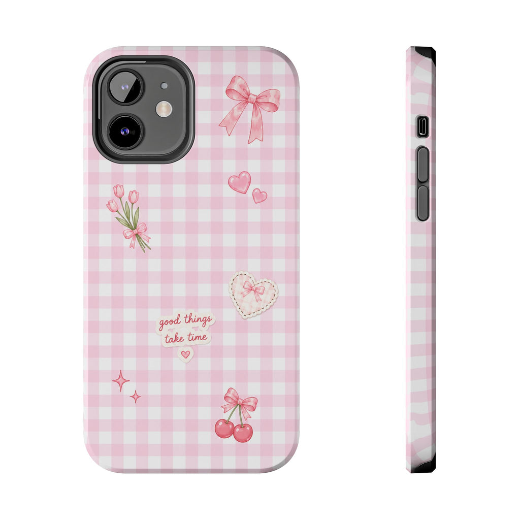 Pink Gingham Coquette Phone Case | Cute Bow & Cherry Aesthetic iPhone Case | Trendy Girly Protective Cover | Cute Cherry & Bow Phone Cover
