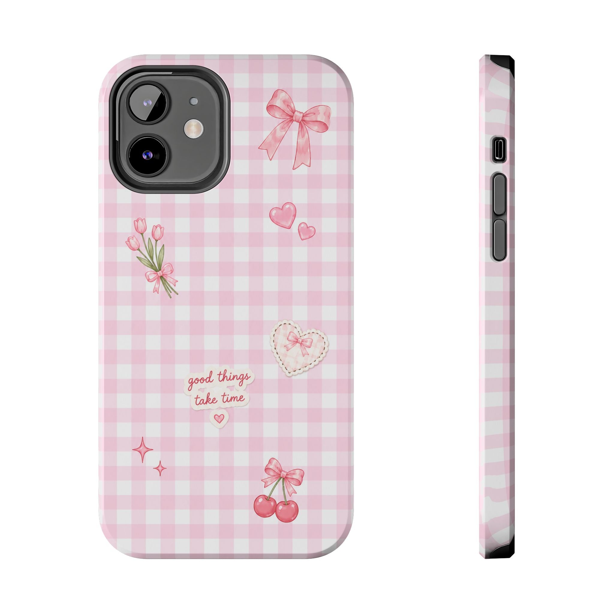 Pink Gingham Coquette Phone Case | Cute Bow & Cherry Aesthetic iPhone Case | Trendy Girly Protective Cover | Cute Cherry & Bow Phone Cover
