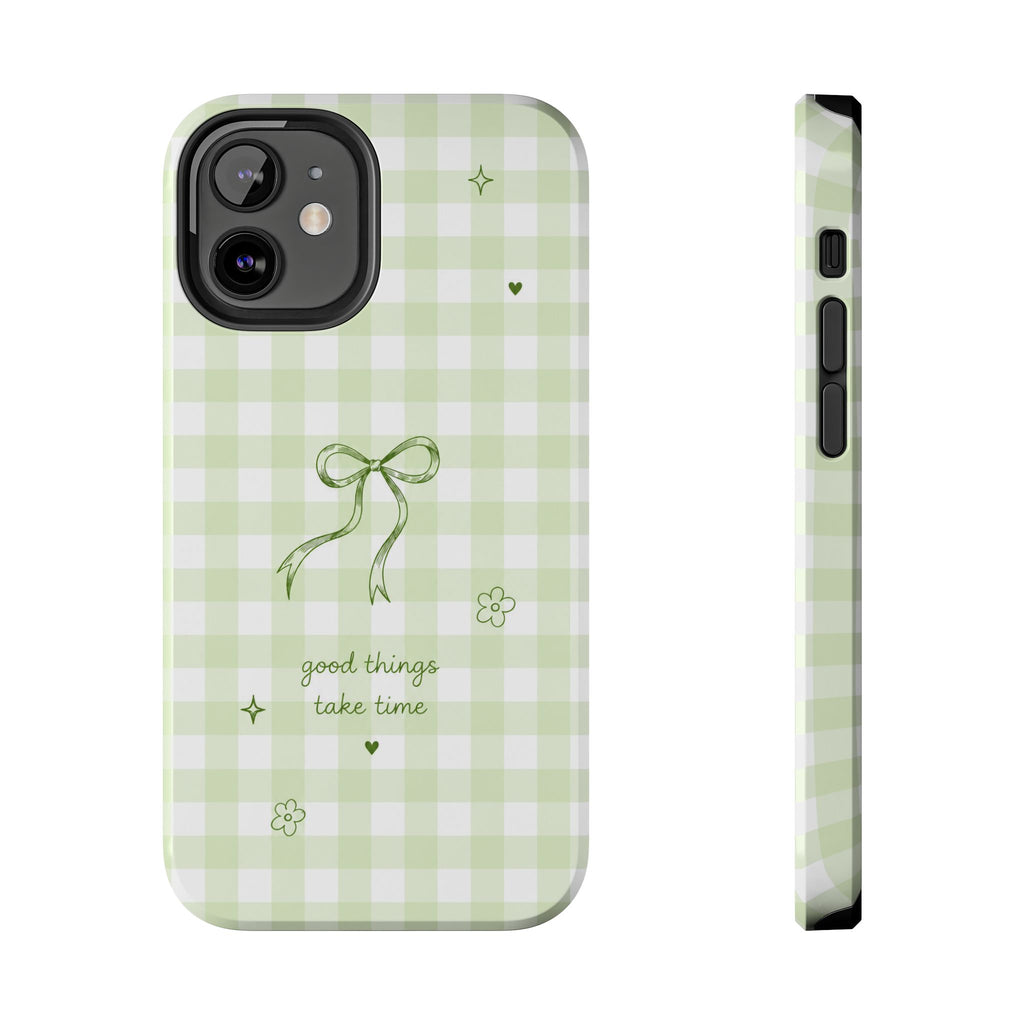 Sage Green Gingham Bow Phone Case | Cute Coquette Aesthetic iPhone & Samsung Galaxy Case | Protective Cover | Cute Bow Aesthetic Tough Case
