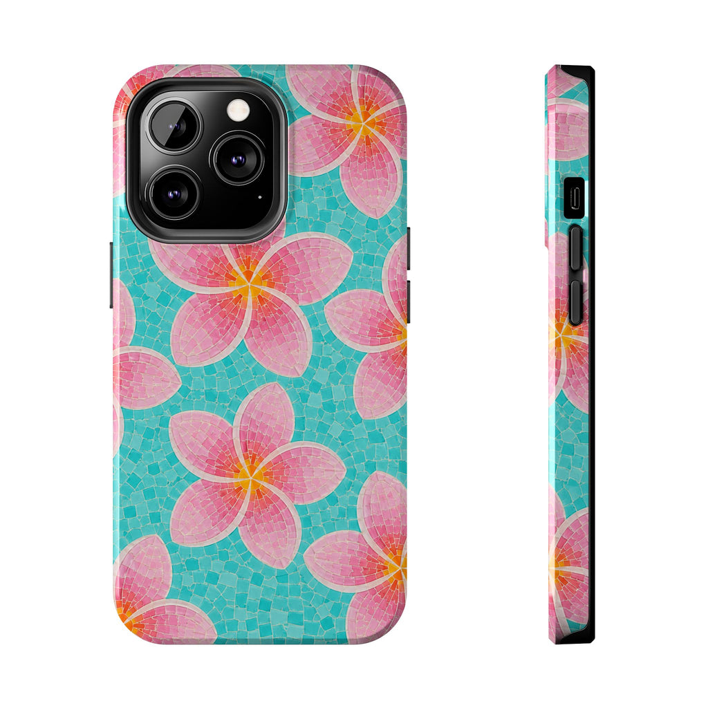 Pink Plumeria Faux Mosaic Phone Case | Tropical Floral Aqua iPhone & Samsung Galaxy Case | Beachy Summer Protective Cover