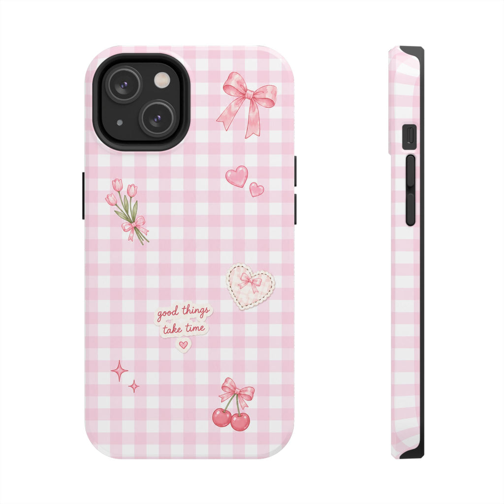 Pink Gingham Coquette Phone Case | Cute Bow & Cherry Aesthetic iPhone Case | Trendy Girly Protective Cover | Cute Cherry & Bow Phone Cover