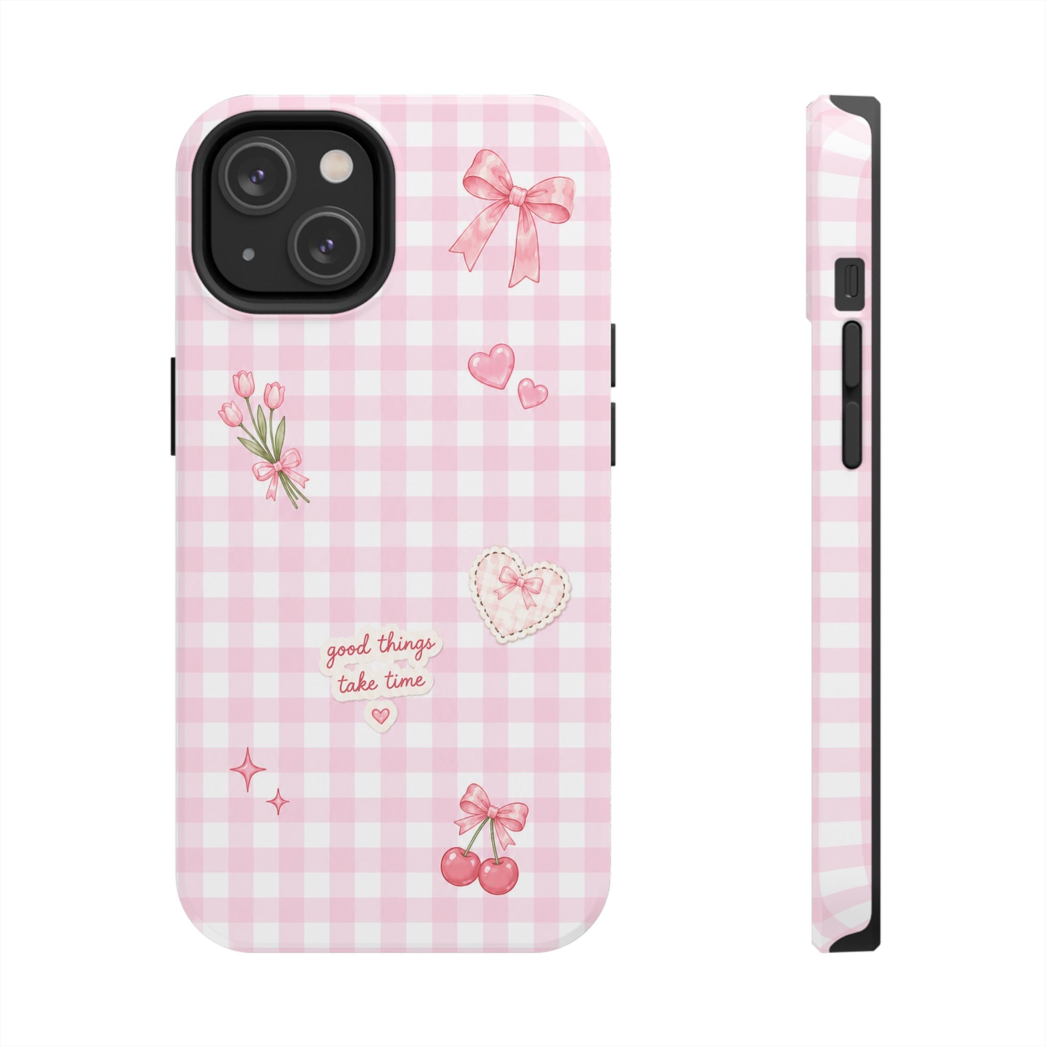Pink Gingham Coquette Phone Case | Cute Bow & Cherry Aesthetic iPhone Case | Trendy Girly Protective Cover | Cute Cherry & Bow Phone Cover