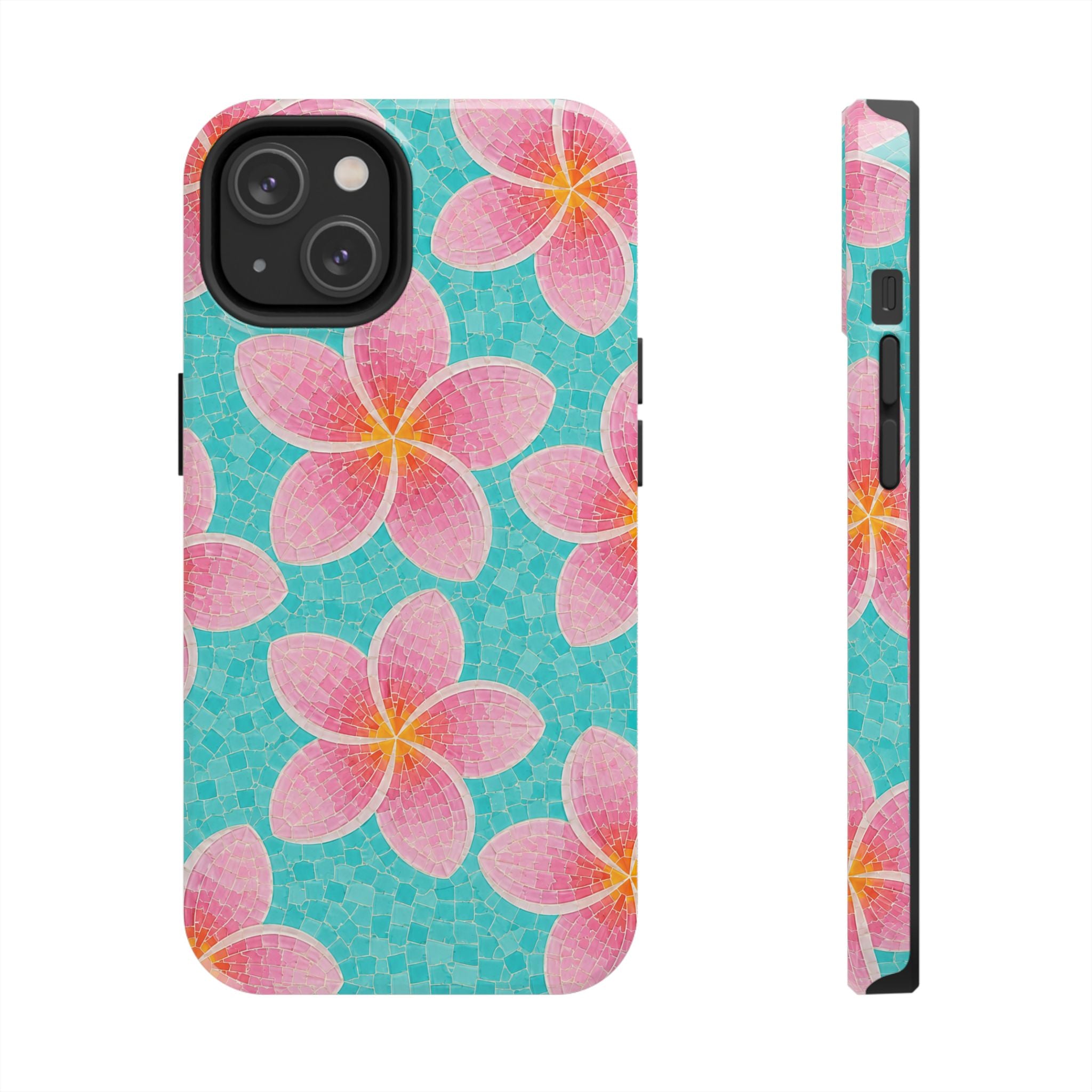 Pink Plumeria Faux Mosaic Phone Case | Tropical Floral Aqua iPhone & Samsung Galaxy Case | Beachy Summer Protective Cover