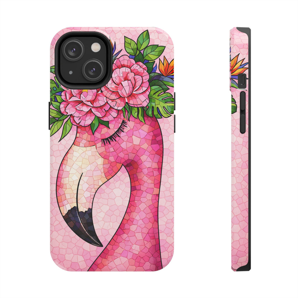 Pink Flamingo Mosaic Phone Case | Tropical Miami Vibes Floral Tough Case for iPhone | Pink Floral Tough Phone Case | Durable Mosaic iPhone Case