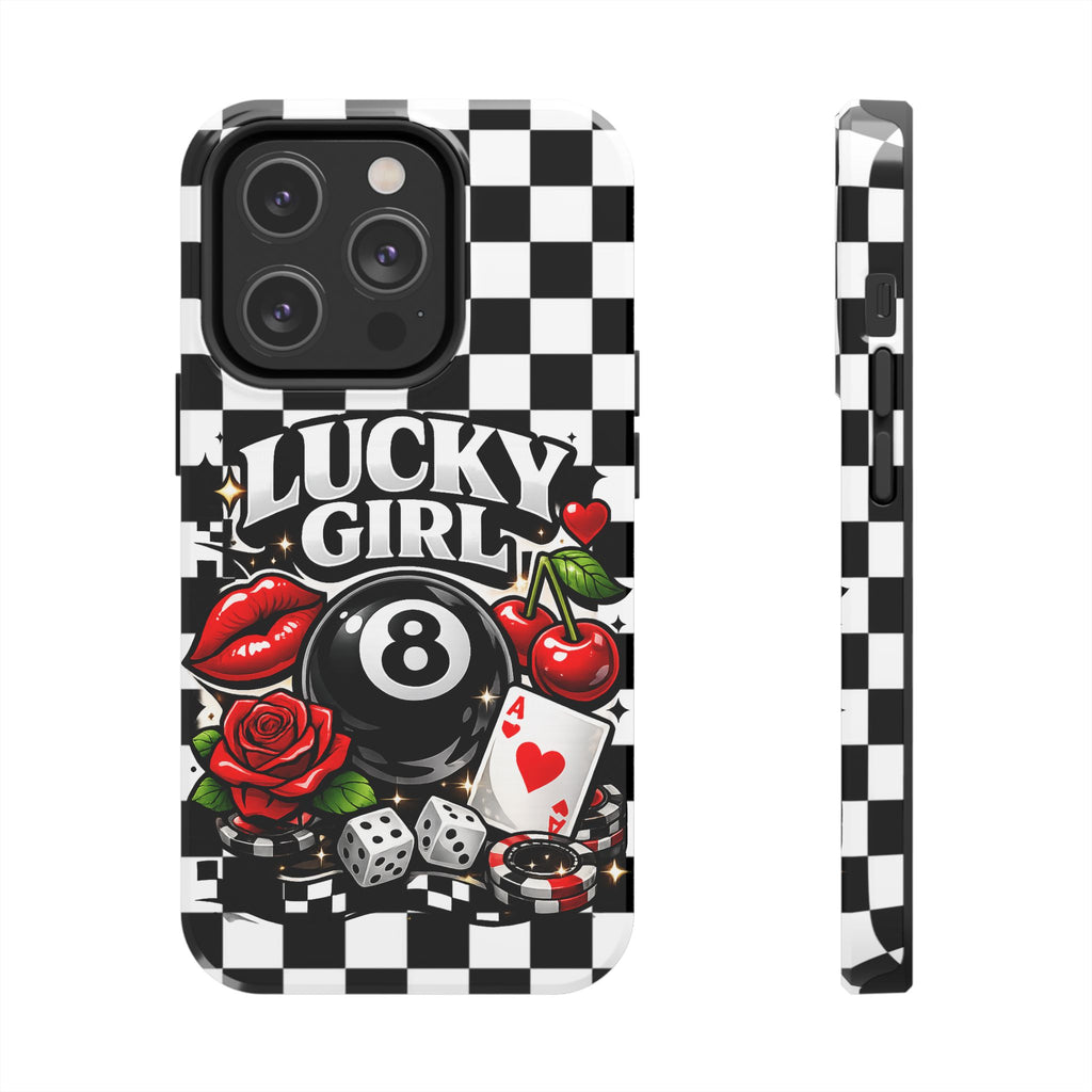Lucky Girl 8 Ball Phone Case | Black & White Checkerboard Aesthetic | Casino Chic, Cherry & Rose | Glossy Tough Case for iPhone & Samsung