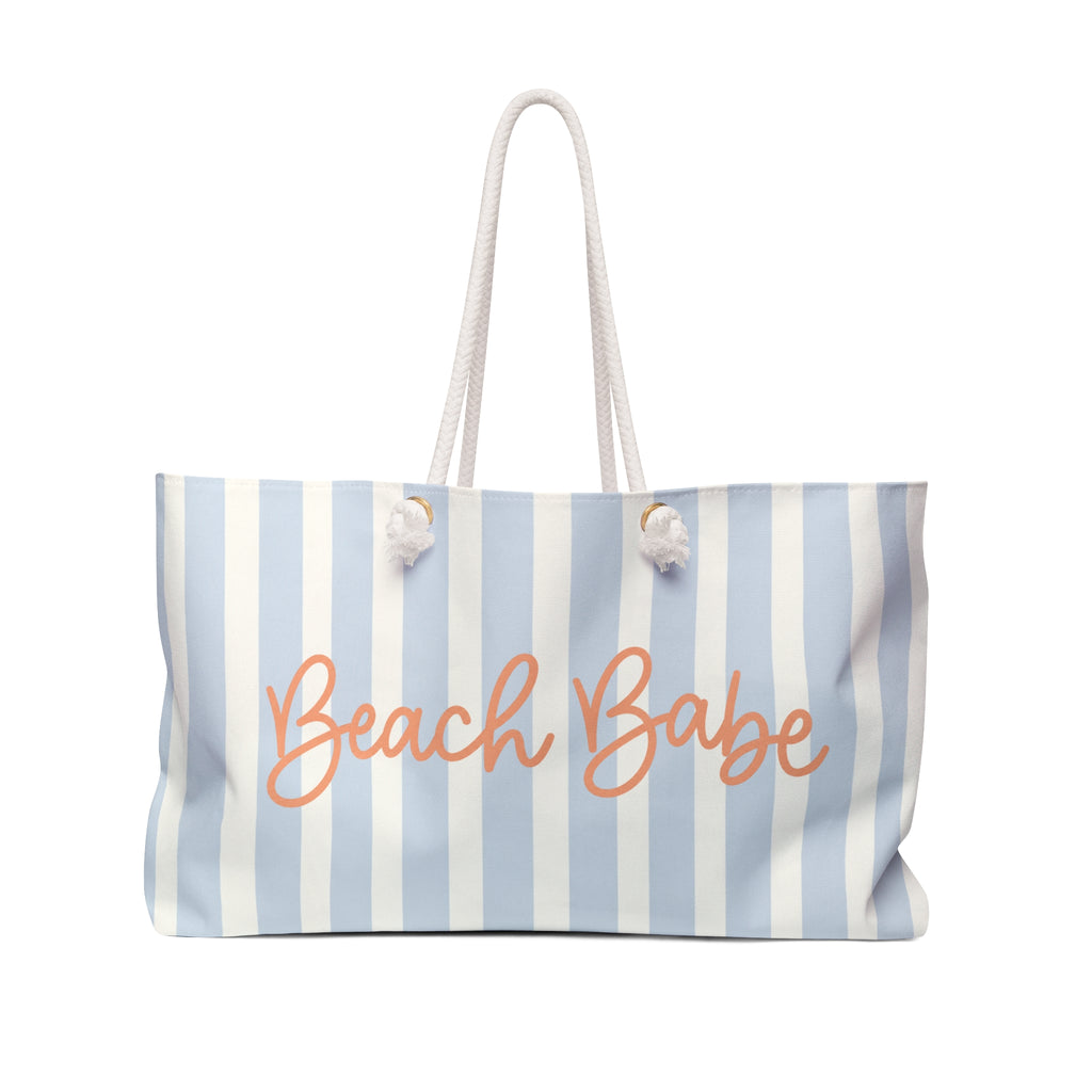 Beach Babe Coastal Weekender Tote Bag | Beach Bag with Rope Handles | Cute Blue Striped Vacation Tote | Weekender Bag