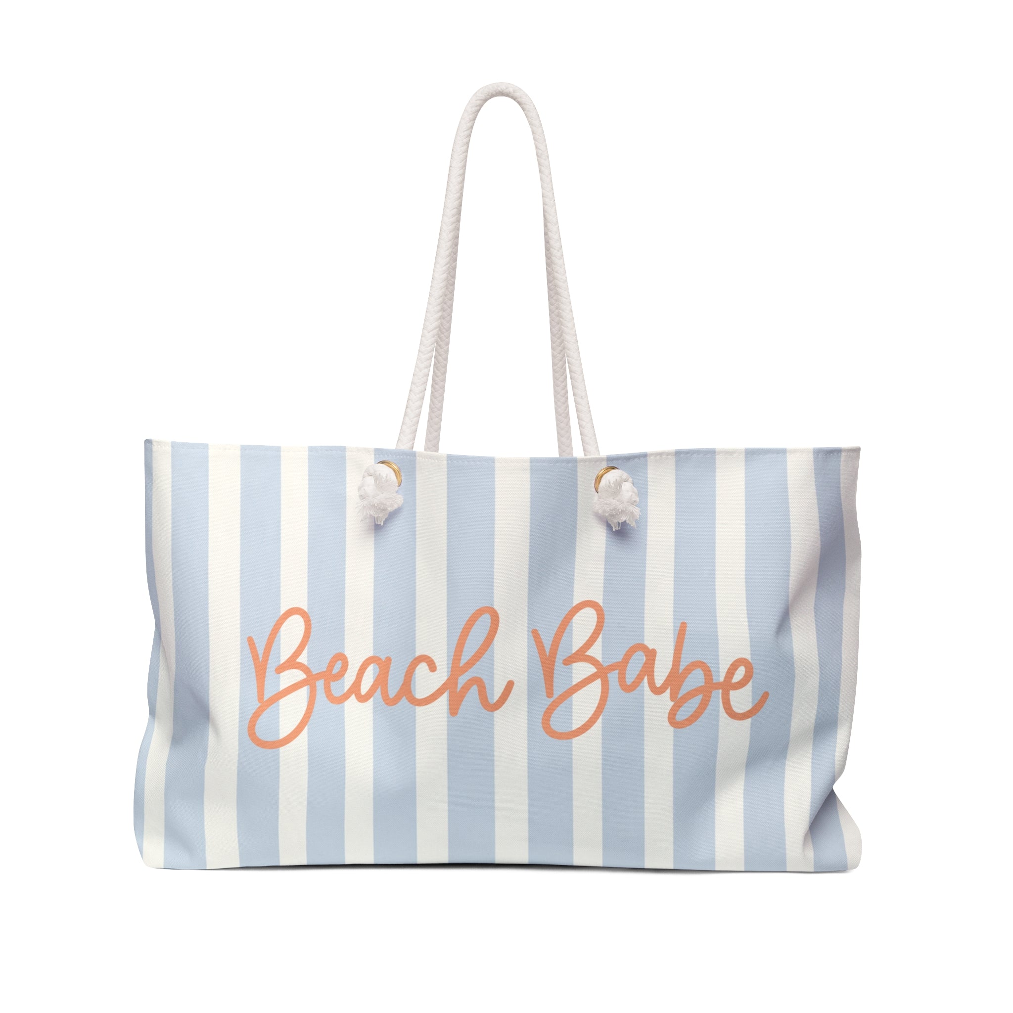 Beach Babe Coastal Weekender Tote Bag | Beach Bag with Rope Handles | Cute Blue Striped Vacation Tote | Weekender Bag