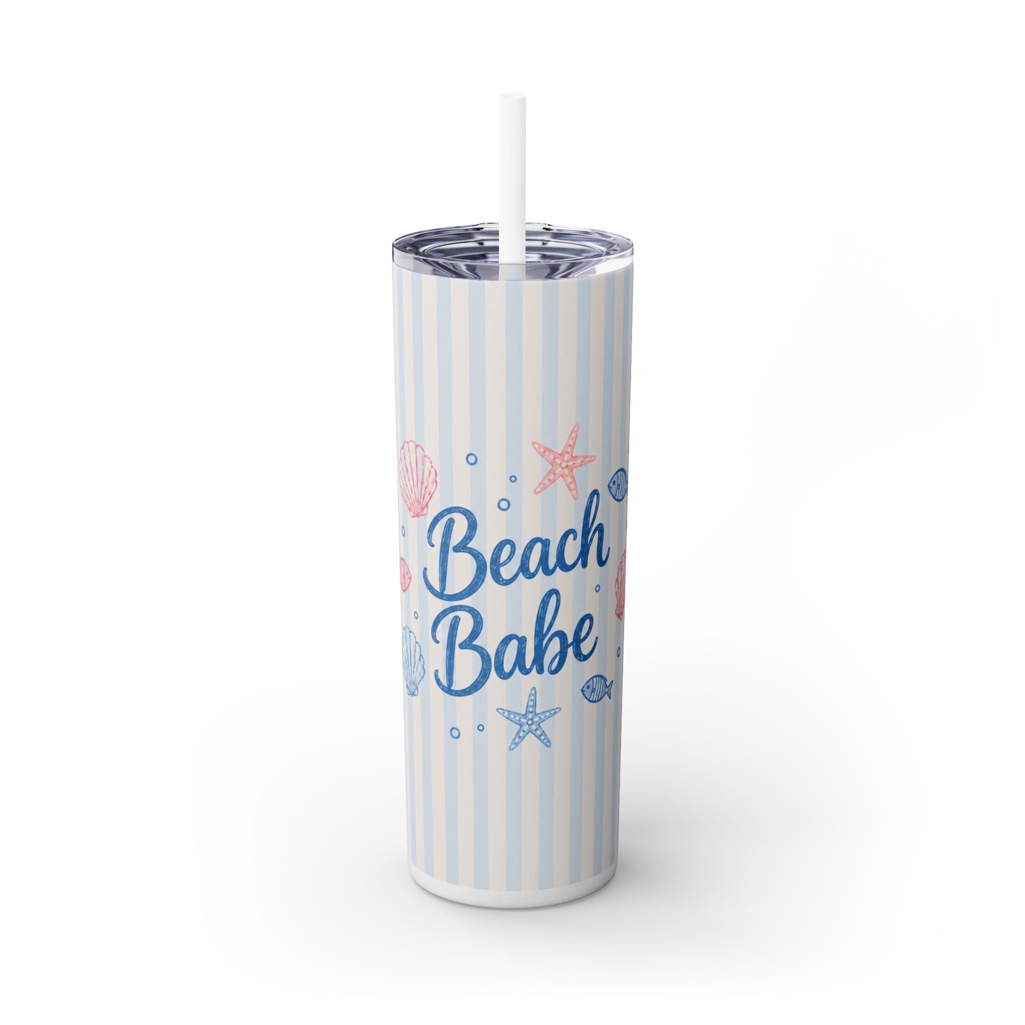 Beach Babe 20oz Skinny Tumbler with Straw  | Coastal Summer Stainless Steel Cup | Insulated Beach Drinkware | 20oz Straw Stainless Travel Cup