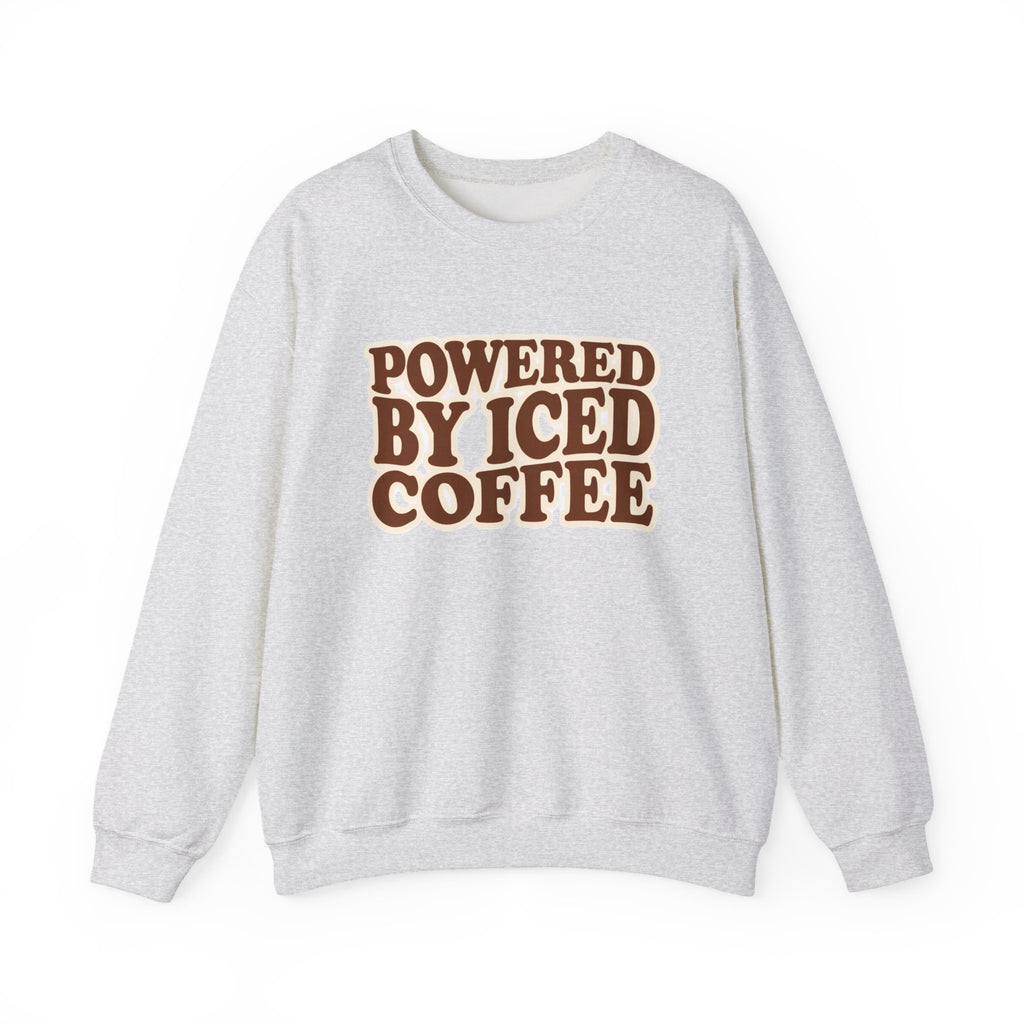 Powered by Iced Coffee Sweatshirt | Cozy Graphic Crewneck for Women | Soft Fleece Casual Pullover | Retro Coffee Lover Crewneck
