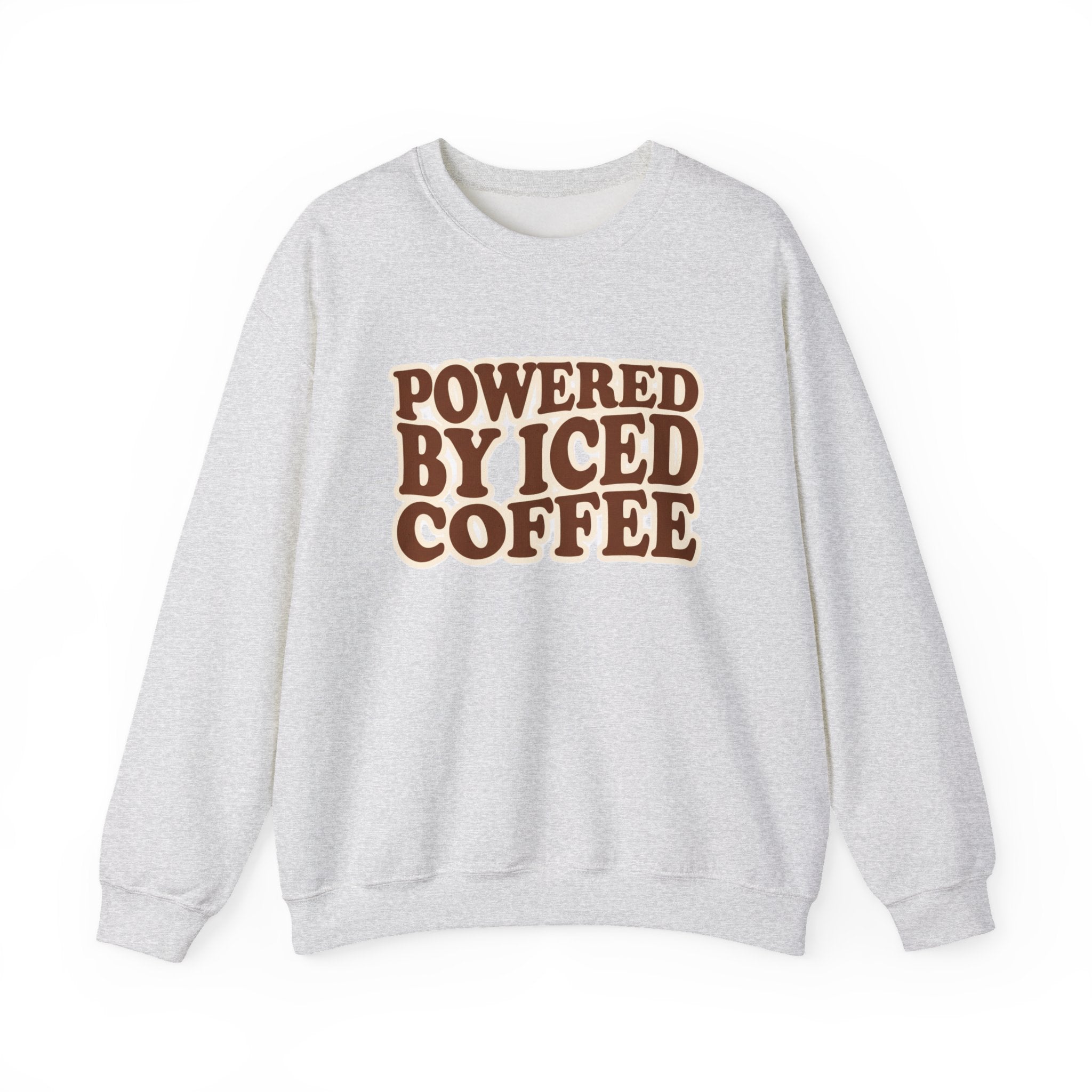 Powered by Iced Coffee Sweatshirt | Cozy Graphic Crewneck for Women | Soft Fleece Casual Pullover | Retro Coffee Lover Crewneck