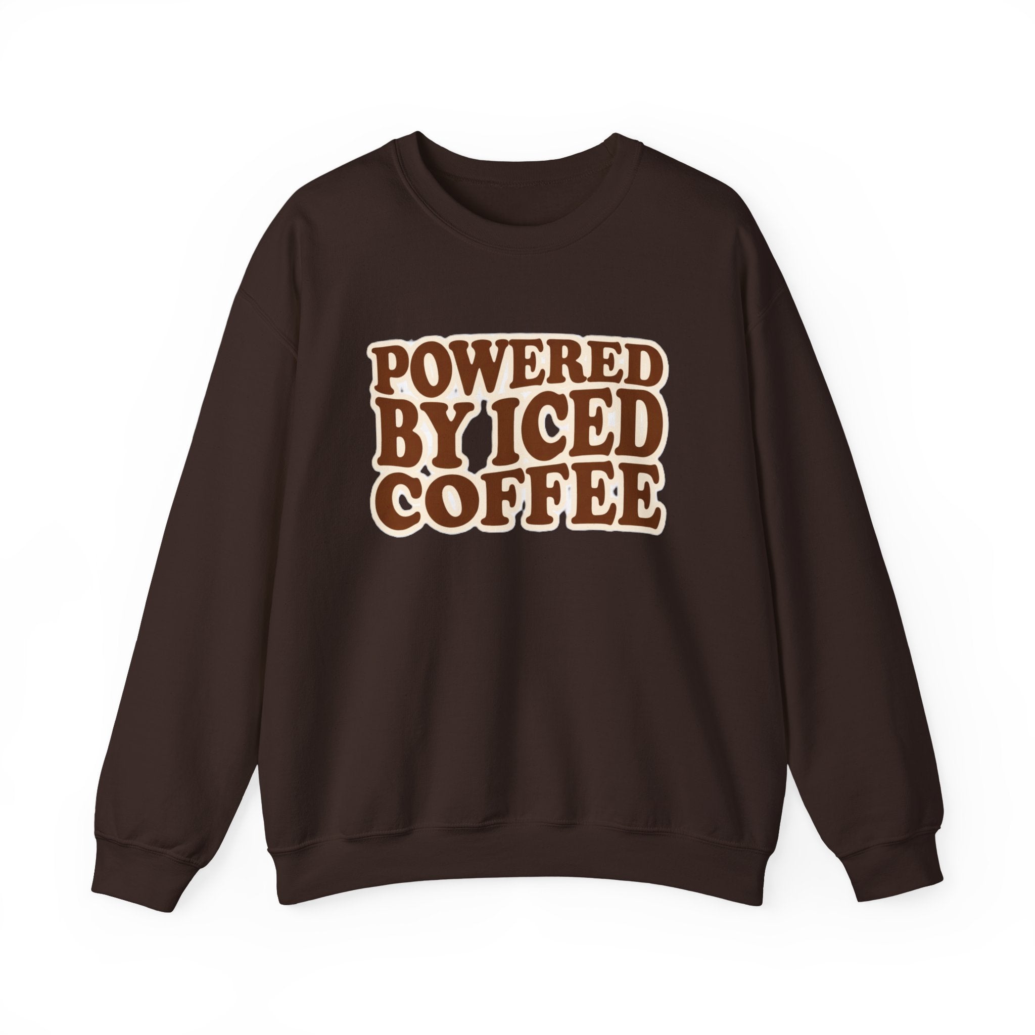 Powered by Iced Coffee Sweatshirt | Cozy Graphic Crewneck for Women | Soft Fleece Casual Pullover | Retro Coffee Lover Crewneck