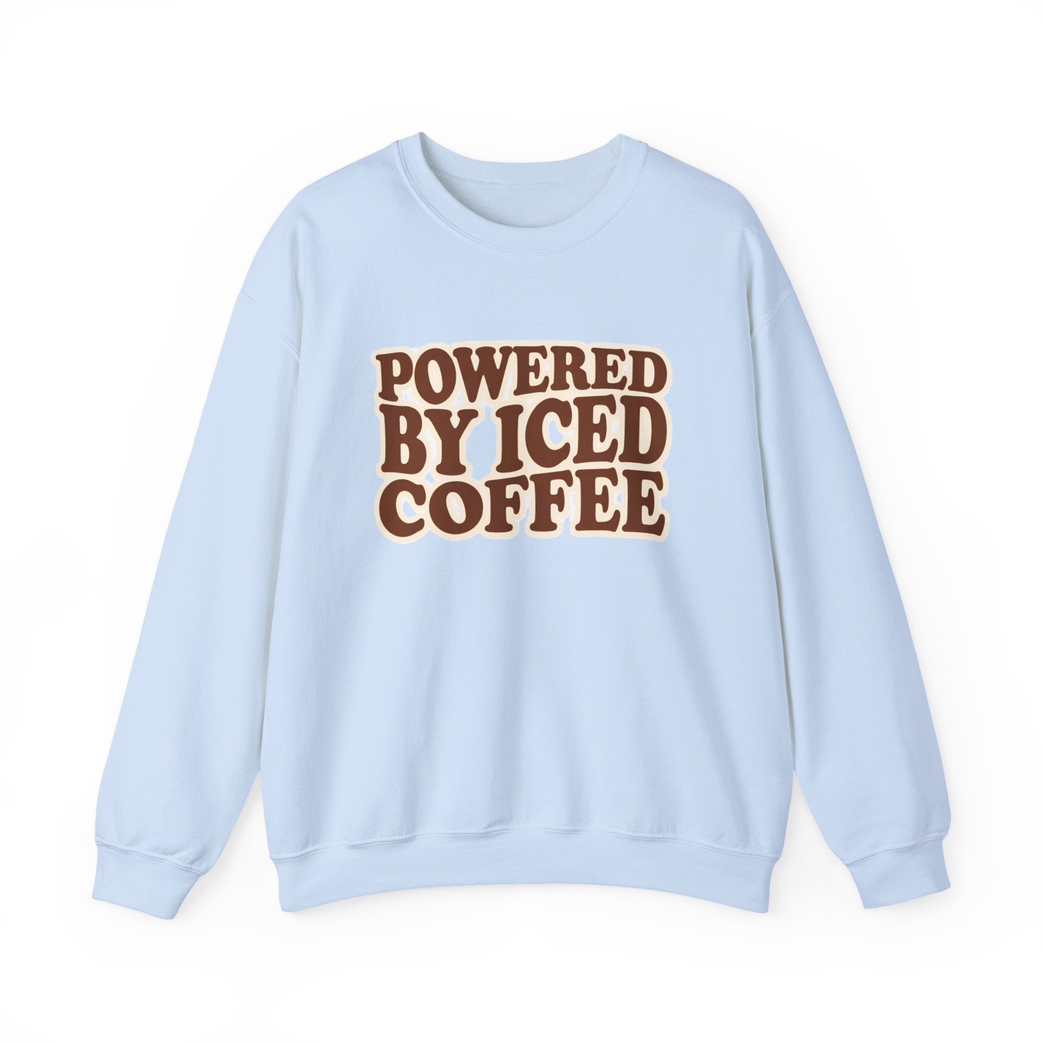 Powered by Iced Coffee Sweatshirt | Cozy Graphic Crewneck for Women | Soft Fleece Casual Pullover | Retro Coffee Lover Crewneck