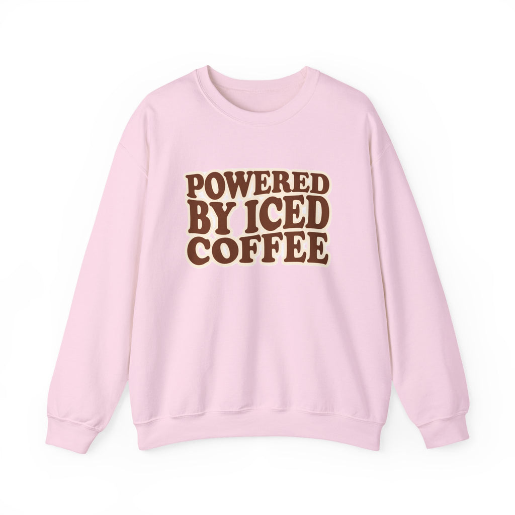 Powered by Iced Coffee Sweatshirt | Cozy Graphic Crewneck for Women | Soft Fleece Casual Pullover | Retro Coffee Lover Crewneck