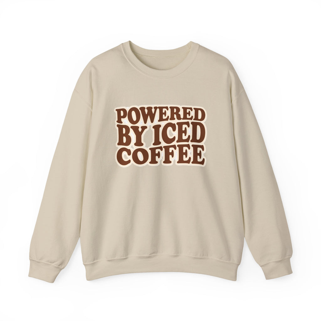 Powered by Iced Coffee Sweatshirt | Cozy Graphic Crewneck for Women | Soft Fleece Casual Pullover | Retro Coffee Lover Crewneck