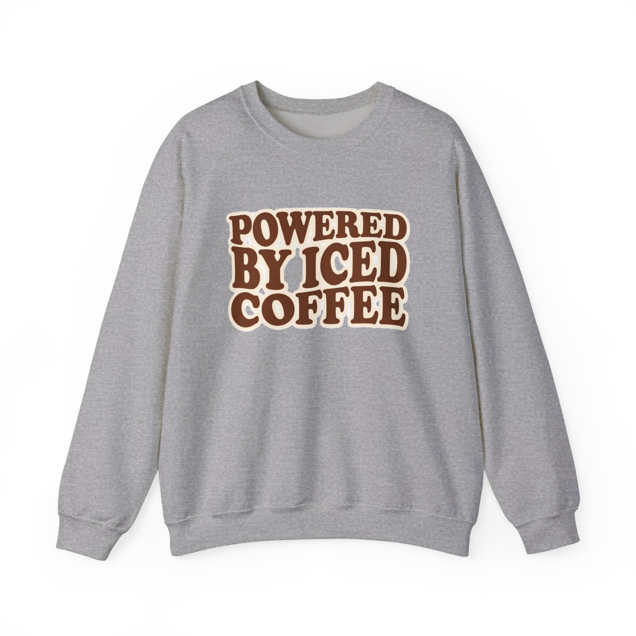 Powered by Iced Coffee Sweatshirt | Cozy Graphic Crewneck for Women | Soft Fleece Casual Pullover | Retro Coffee Lover Crewneck