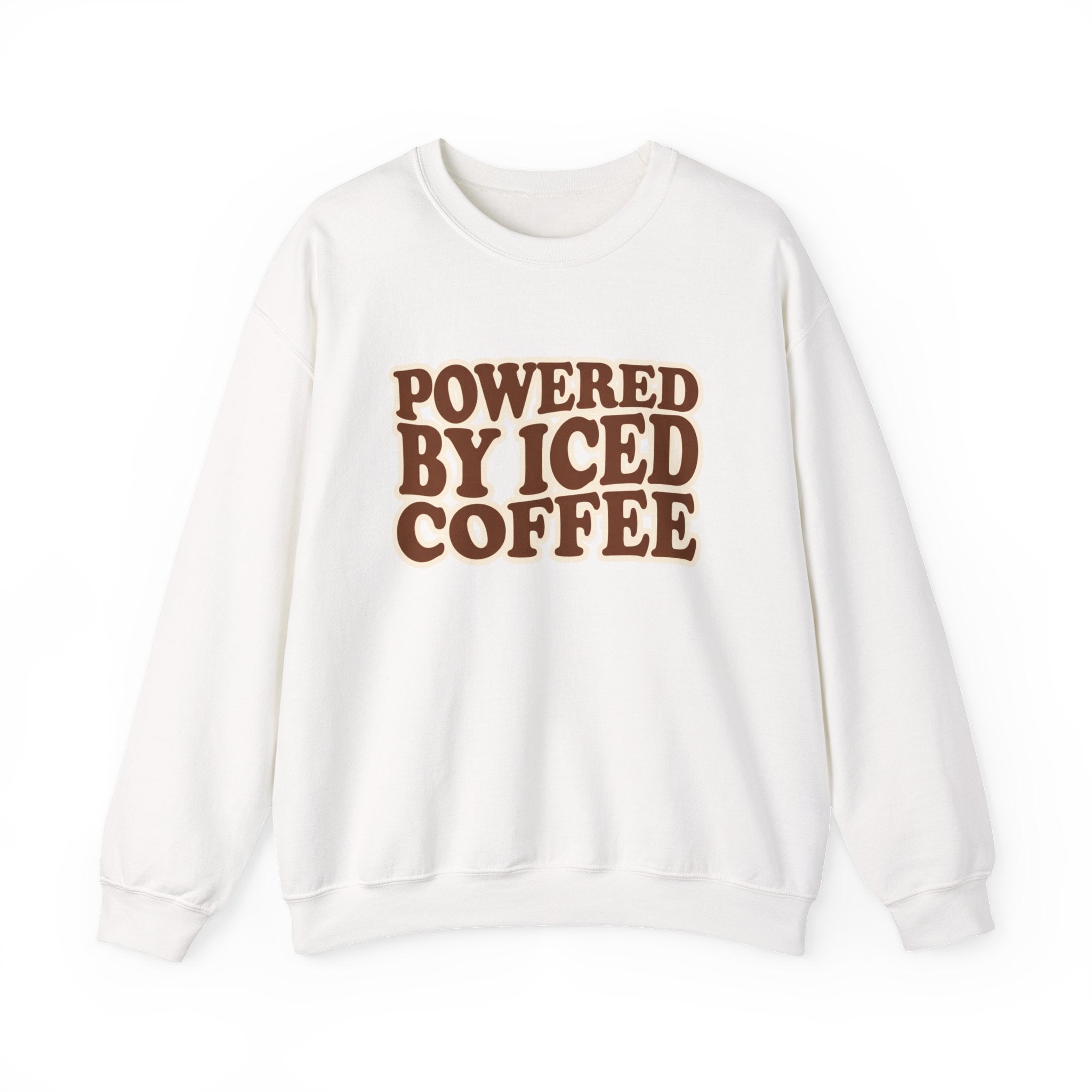 Powered by Iced Coffee Sweatshirt | Cozy Graphic Crewneck for Women | Soft Fleece Casual Pullover | Retro Coffee Lover Crewneck