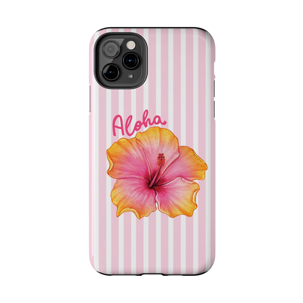 Aloha Hibiscus iPhone Case | Cute Tropical Floral Phone Case | Pink Striped Aesthetic Cover | Summer Beach Vibes Tough Case